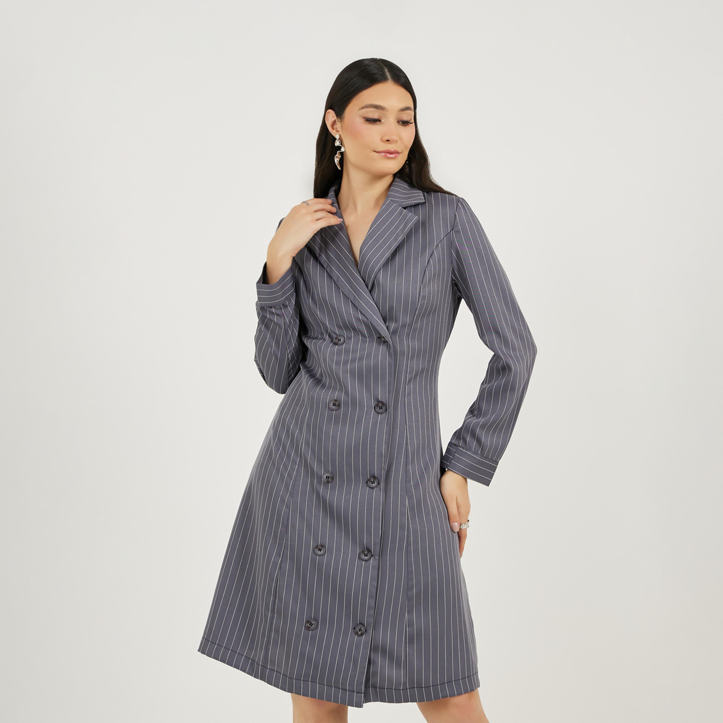 Styli Striped Double Breasted Blazer Knee Length Dress-women-clothing-dresses-image-1