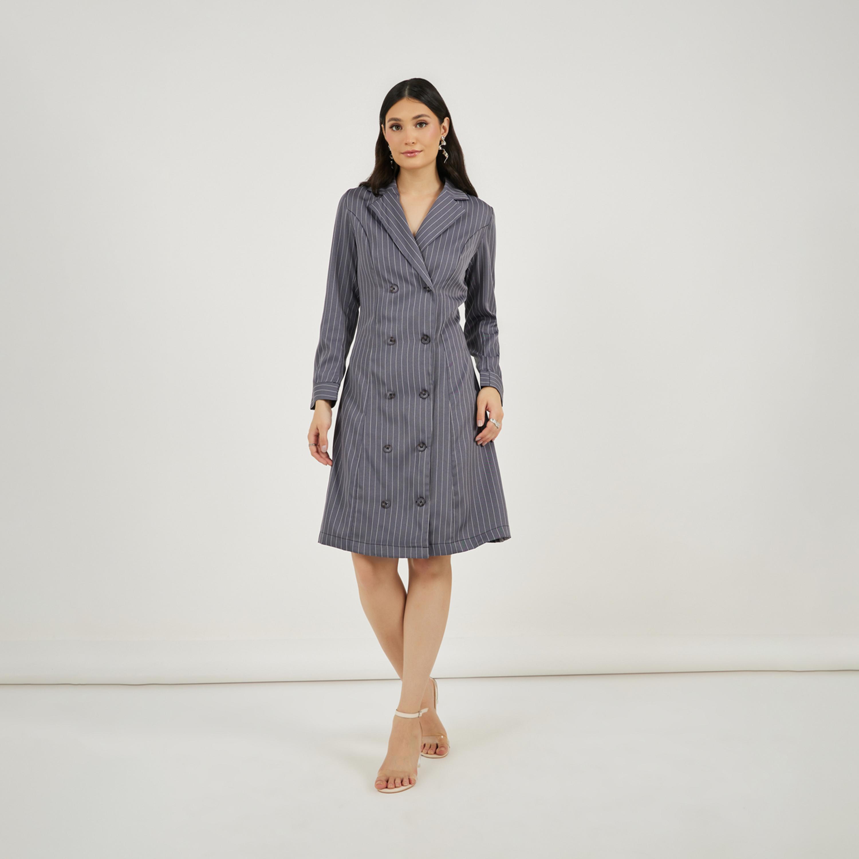Styli Striped Double Breasted Blazer Knee Length Dress-women-clothing-dresses-image-2