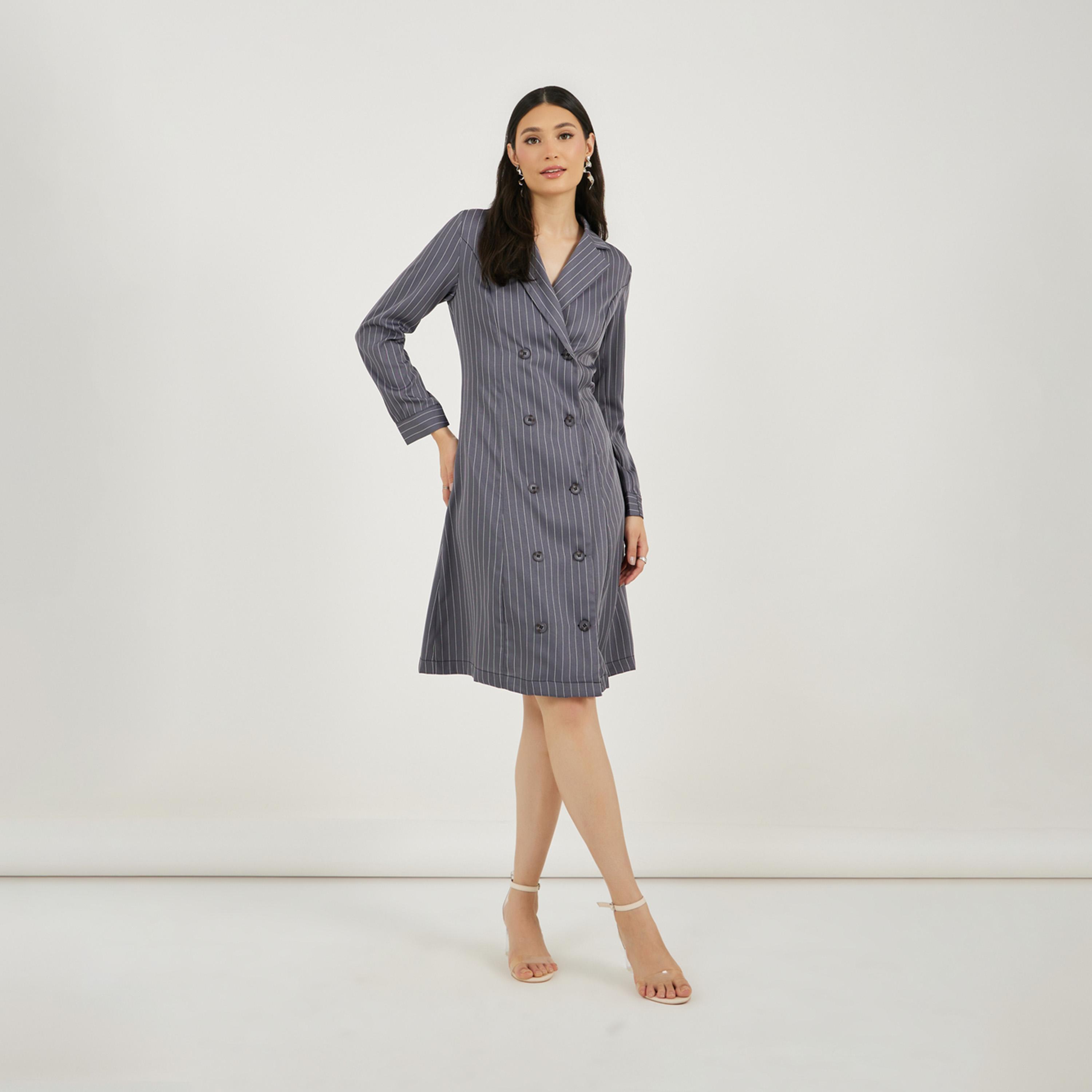 Styli Striped Double Breasted Blazer Knee Length Dress-women-clothing-dresses-image-3