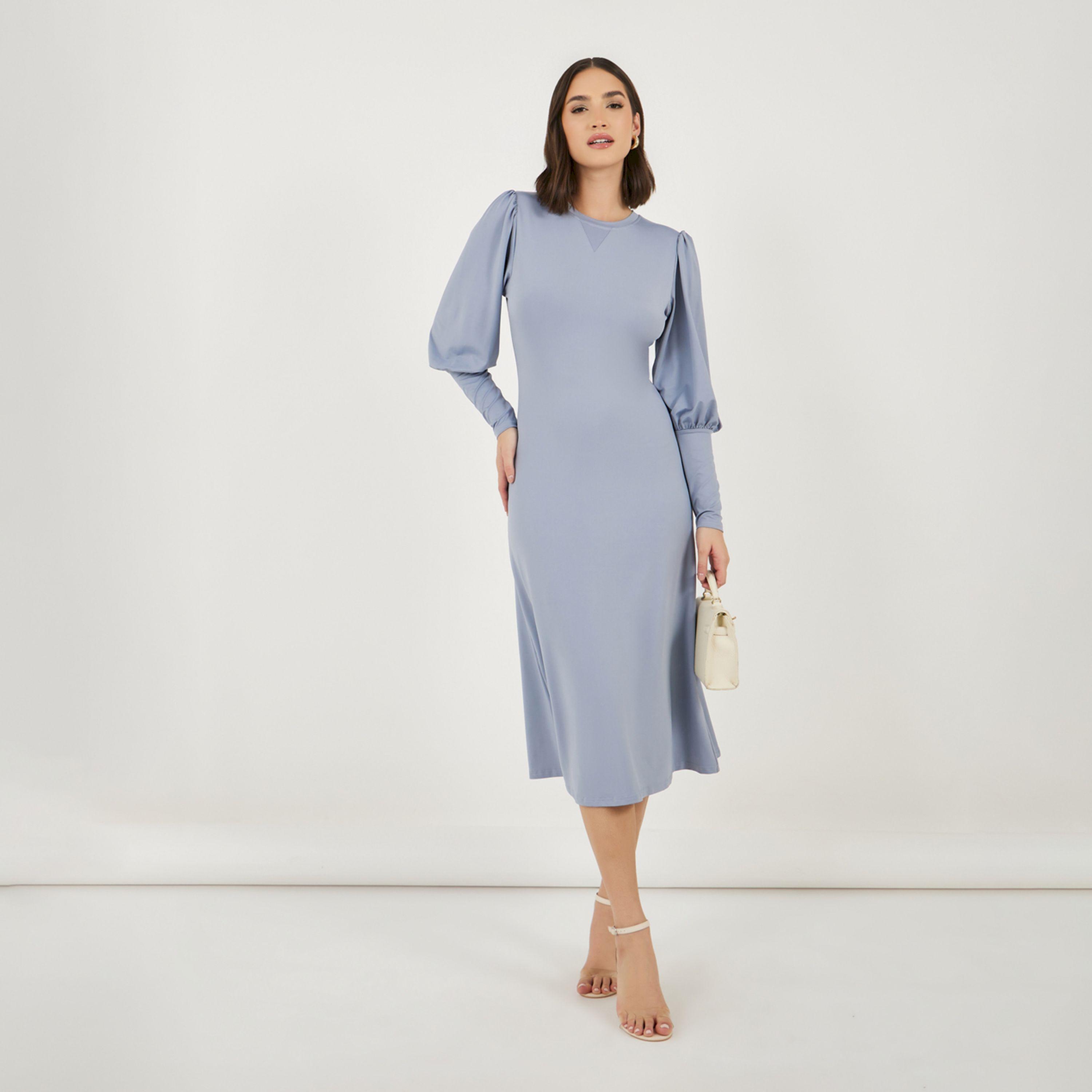 ستايلي - فستان سادة متوسط الطول بأكمام طويلة وقصة A-women-clothing-dresses-image-1