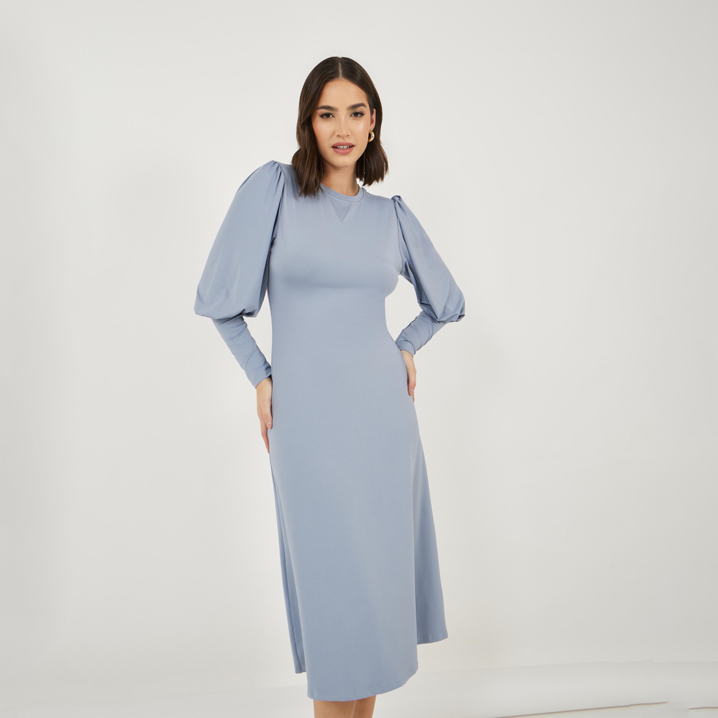 ستايلي - فستان سادة متوسط الطول بأكمام طويلة وقصة A-women-clothing-dresses-image-2