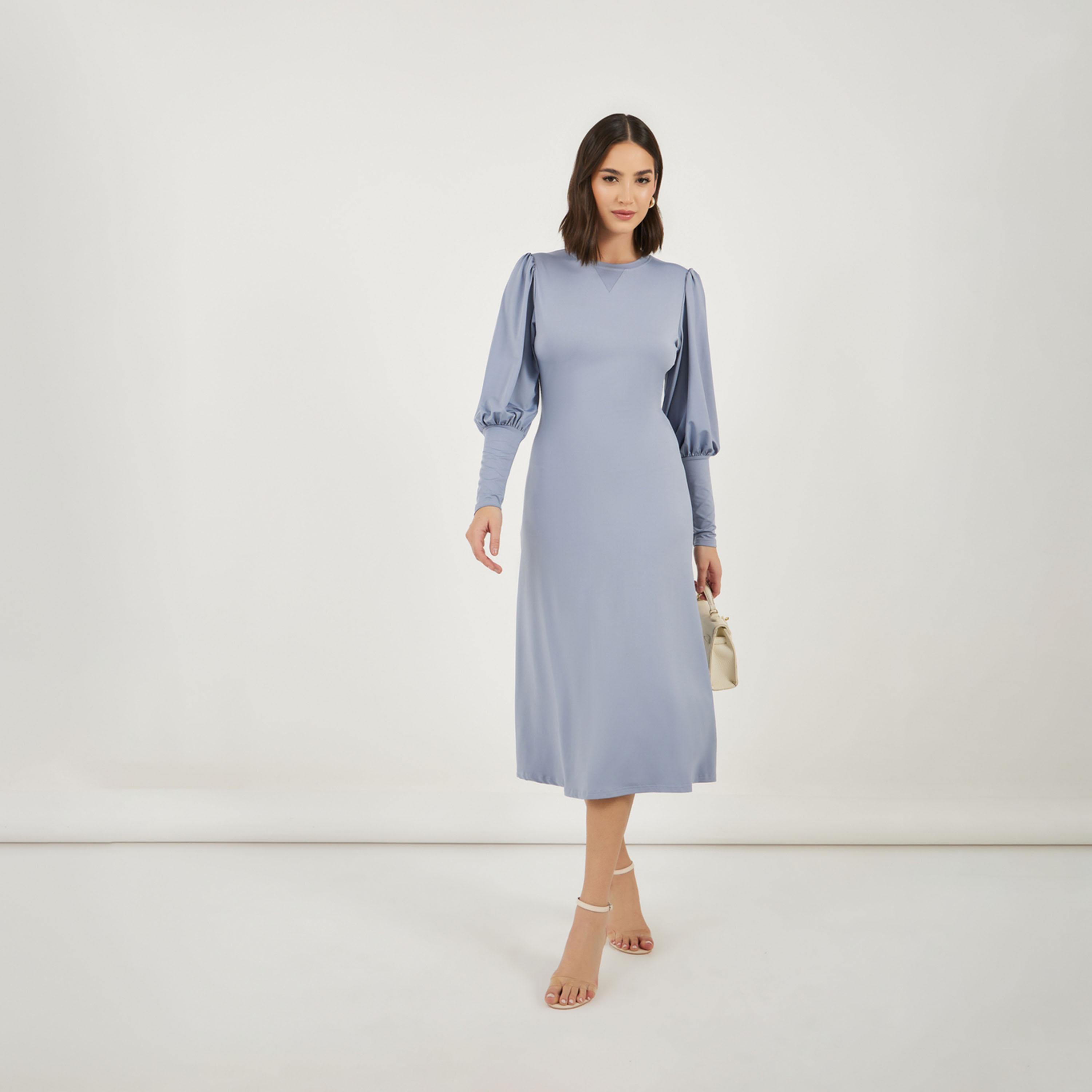 ستايلي - فستان سادة متوسط الطول بأكمام طويلة وقصة A-women-clothing-dresses-image-4