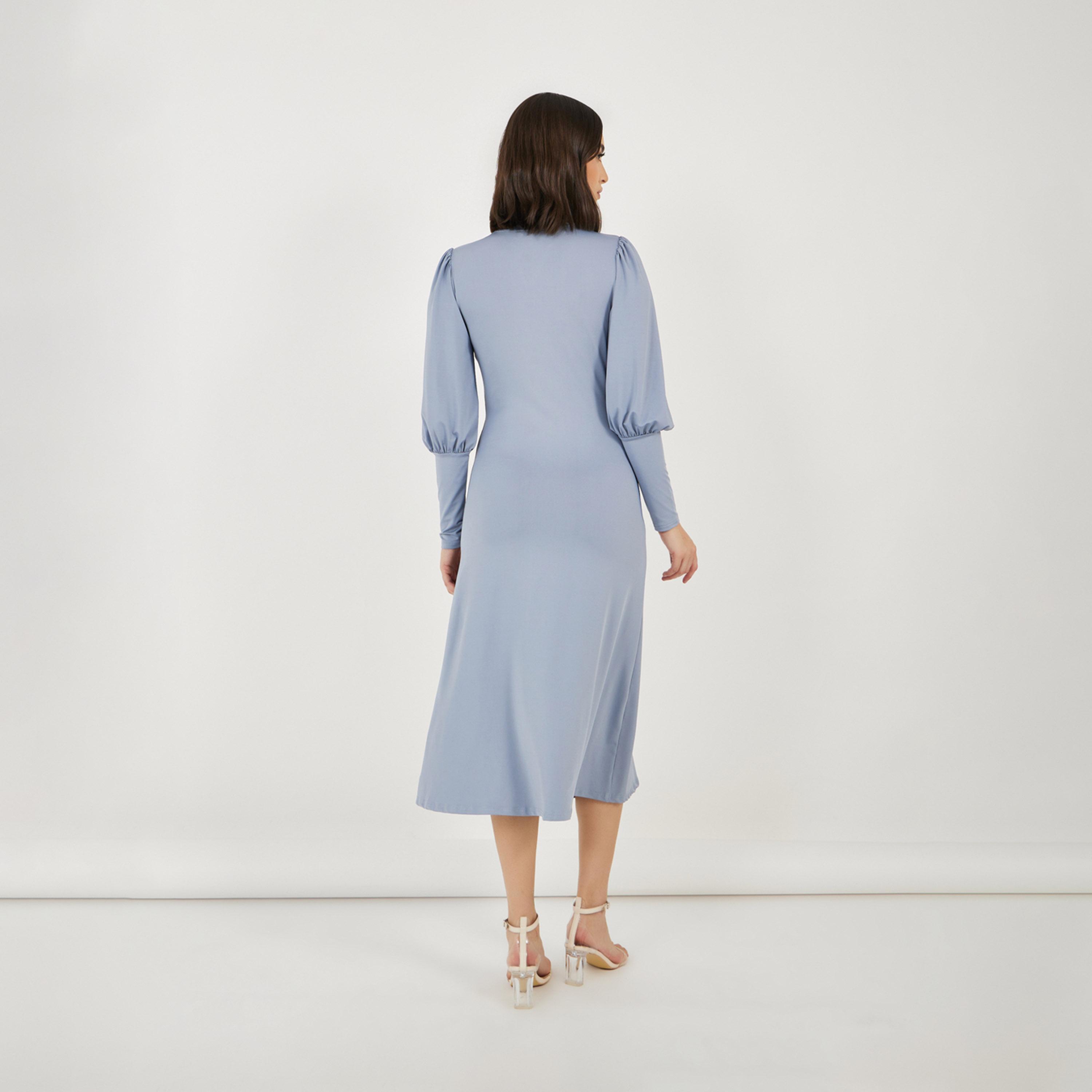 ستايلي - فستان سادة متوسط الطول بأكمام طويلة وقصة A-women-clothing-dresses-image-5