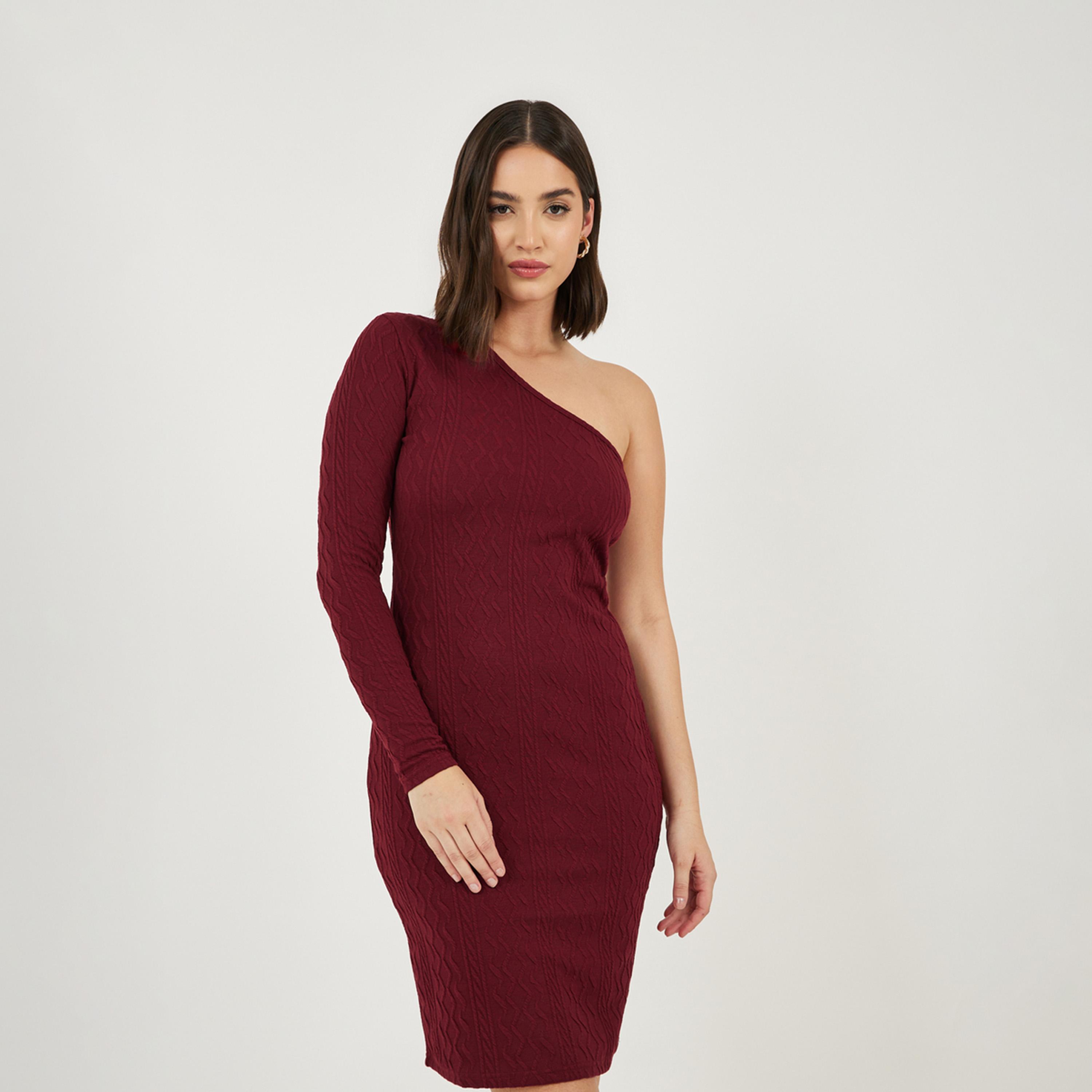 Styli One Shoulder Neck Textured Bodycon Knee Length Dress-women-clothing-dresses-image-1