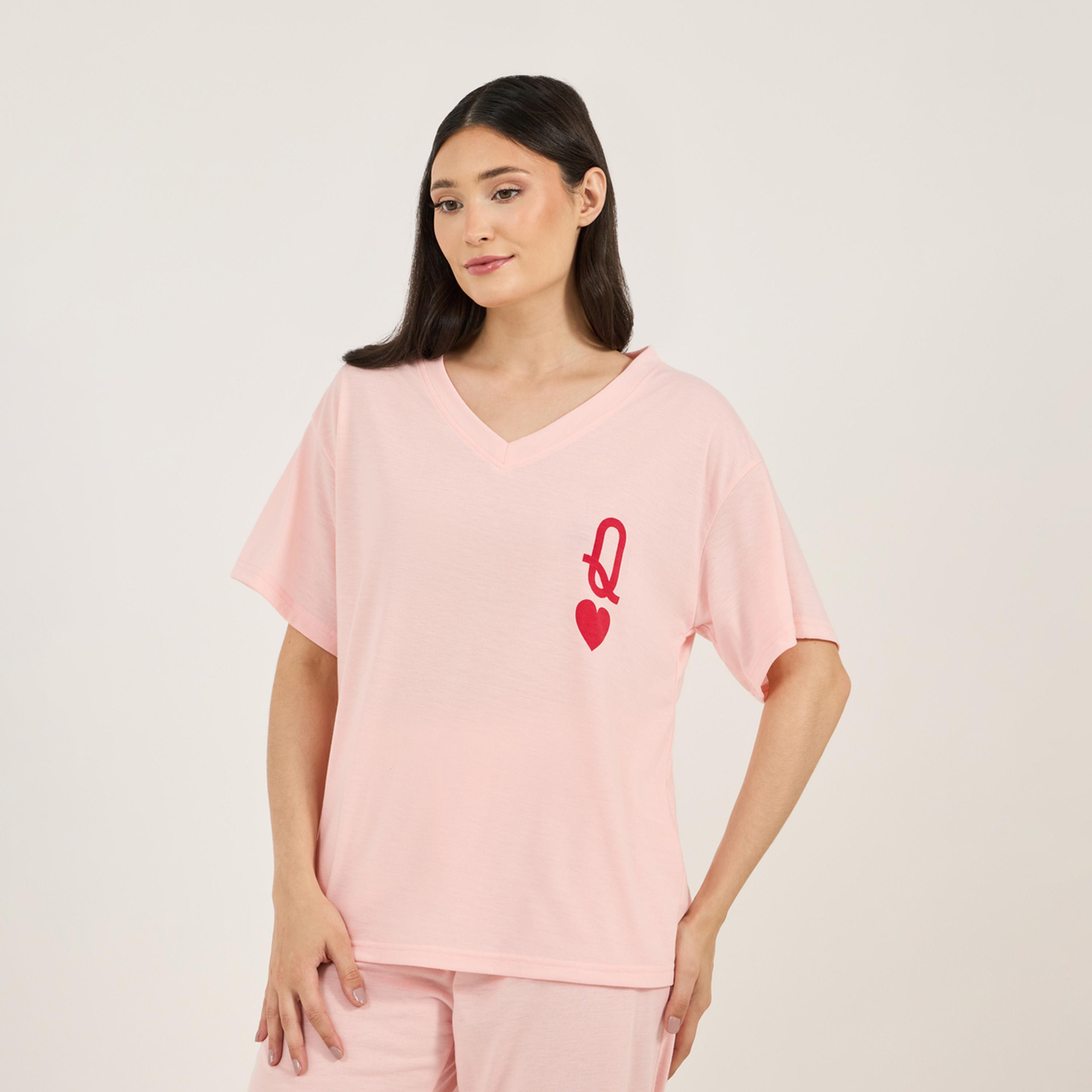 ستايلي - طقم تي شيرت قلب برقبة V وأكتاف منسدلة مع بنطال بيجامة بأساور أنوايند-women-clothing-nightwear-pyjamas-longsets-image-2