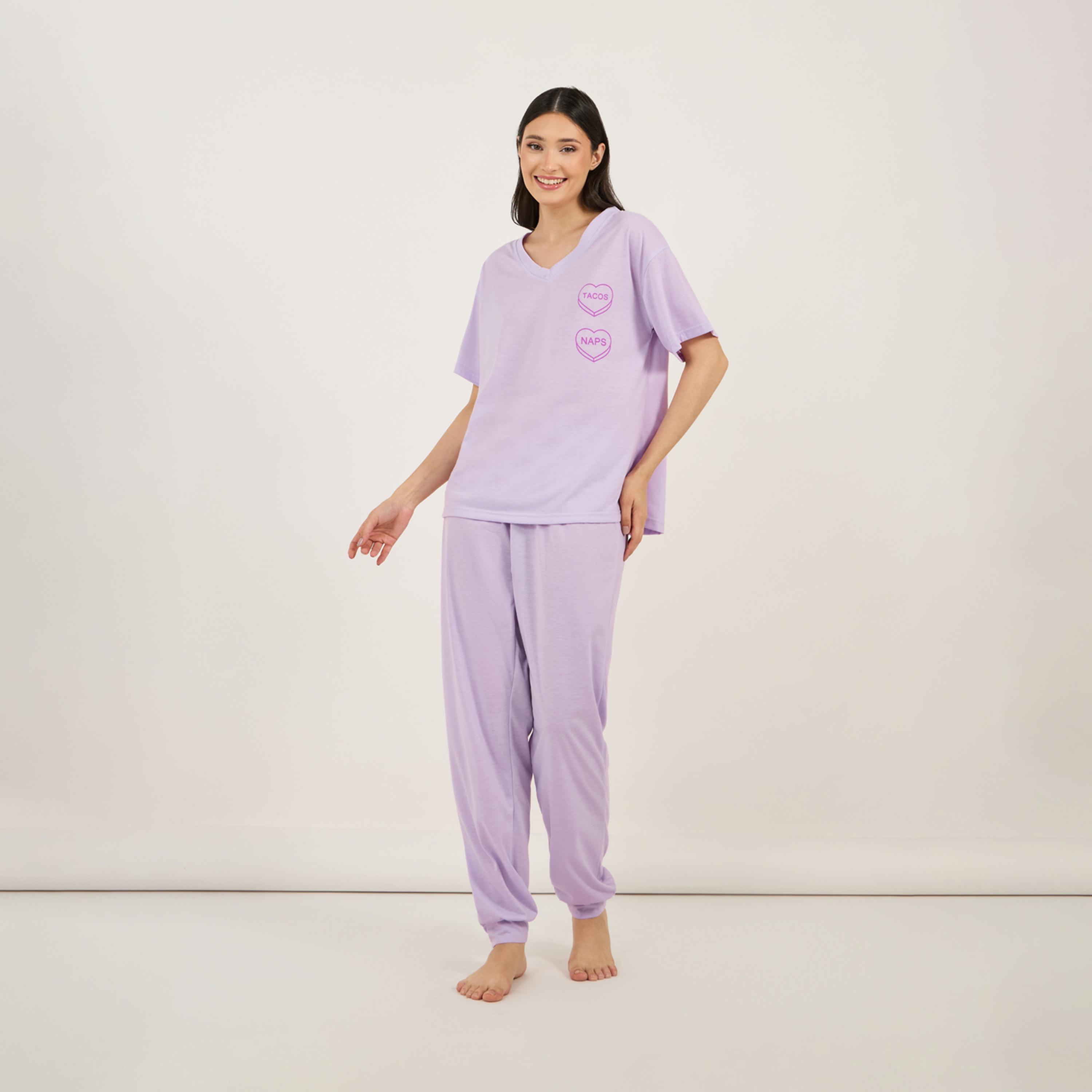 ستايلي - طقم تي شيرت بأكمام طويلة بفتحة حرف V مع بنطال بيجامة أنوايند تاكوز&نابس-women-clothing-nightwear-pyjamas-longsets-image-2