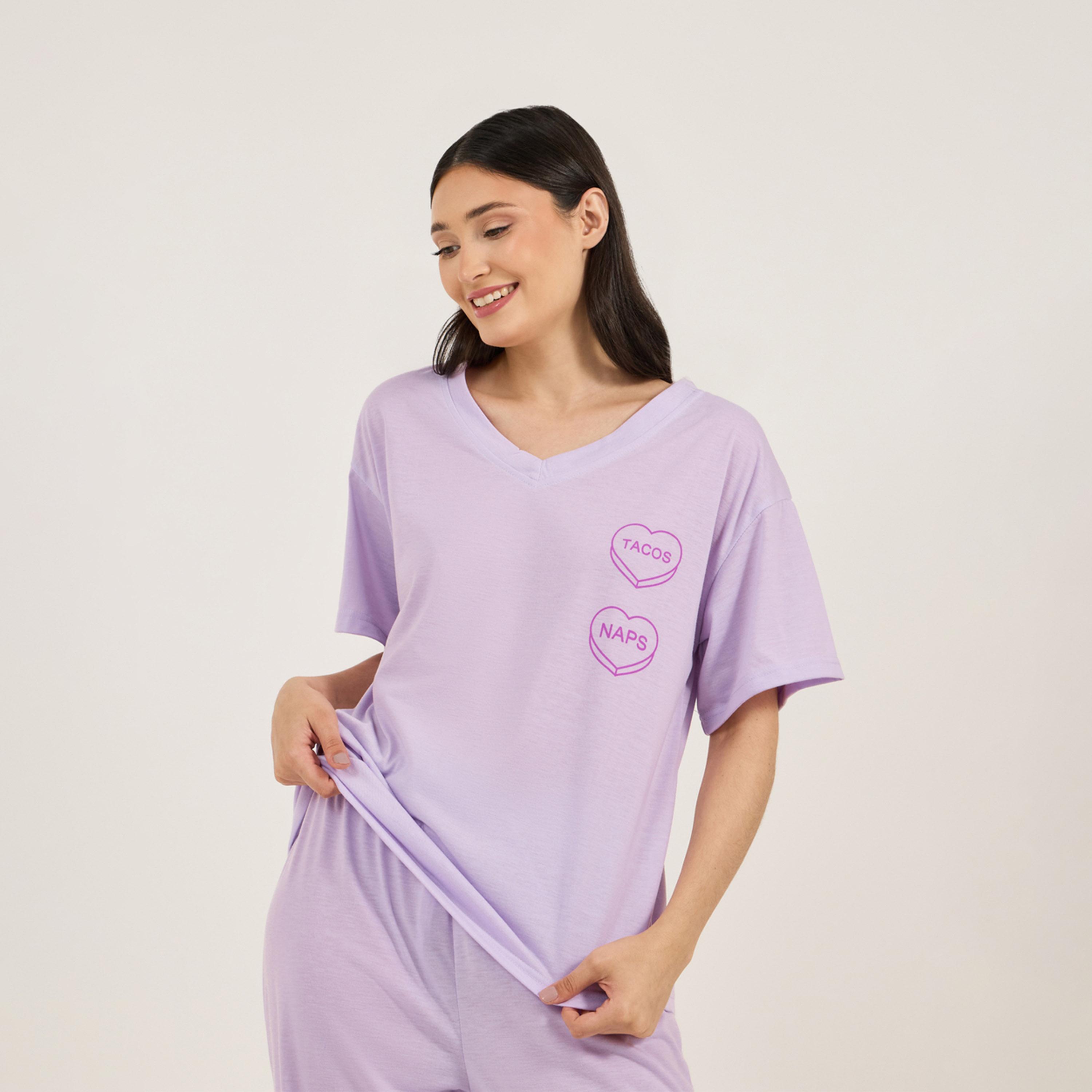 ستايلي - طقم تي شيرت بأكمام طويلة بفتحة حرف V مع بنطال بيجامة أنوايند تاكوز&نابس-women-clothing-nightwear-pyjamas-longsets-image-3