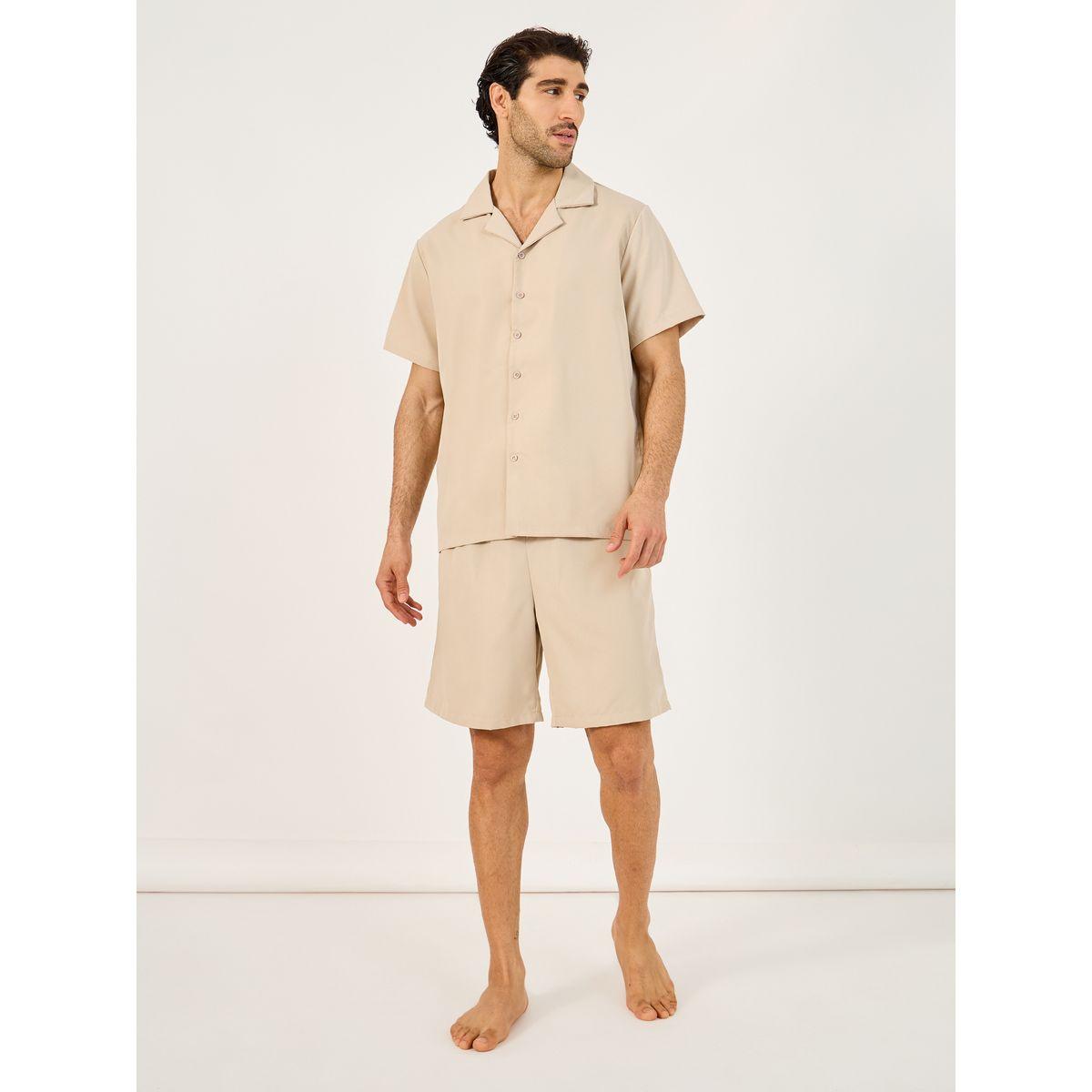 Styli Solid Woven Short Sleeve Collared Shirt and Shorts Set-men-clothing-nightwear-pyjamaandshorts-image-1