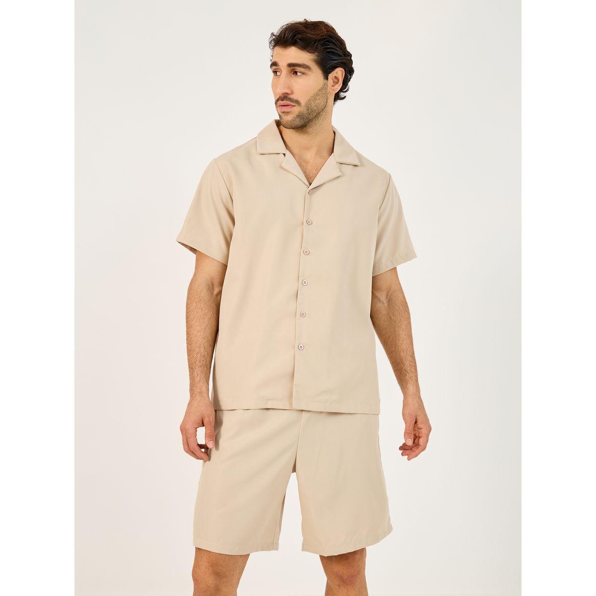 Styli Solid Woven Short Sleeve Collared Shirt and Shorts Set-men-clothing-nightwear-pyjamaandshorts-image-2