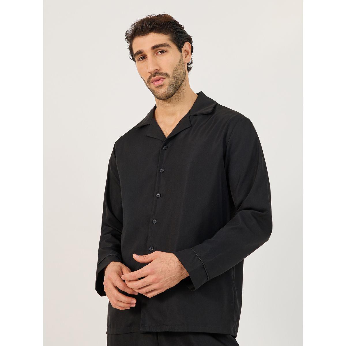Styli Solid Woven Long Sleeve Shirt & Straight Pyjama Set-men-clothing-nightwear-sets-image-2