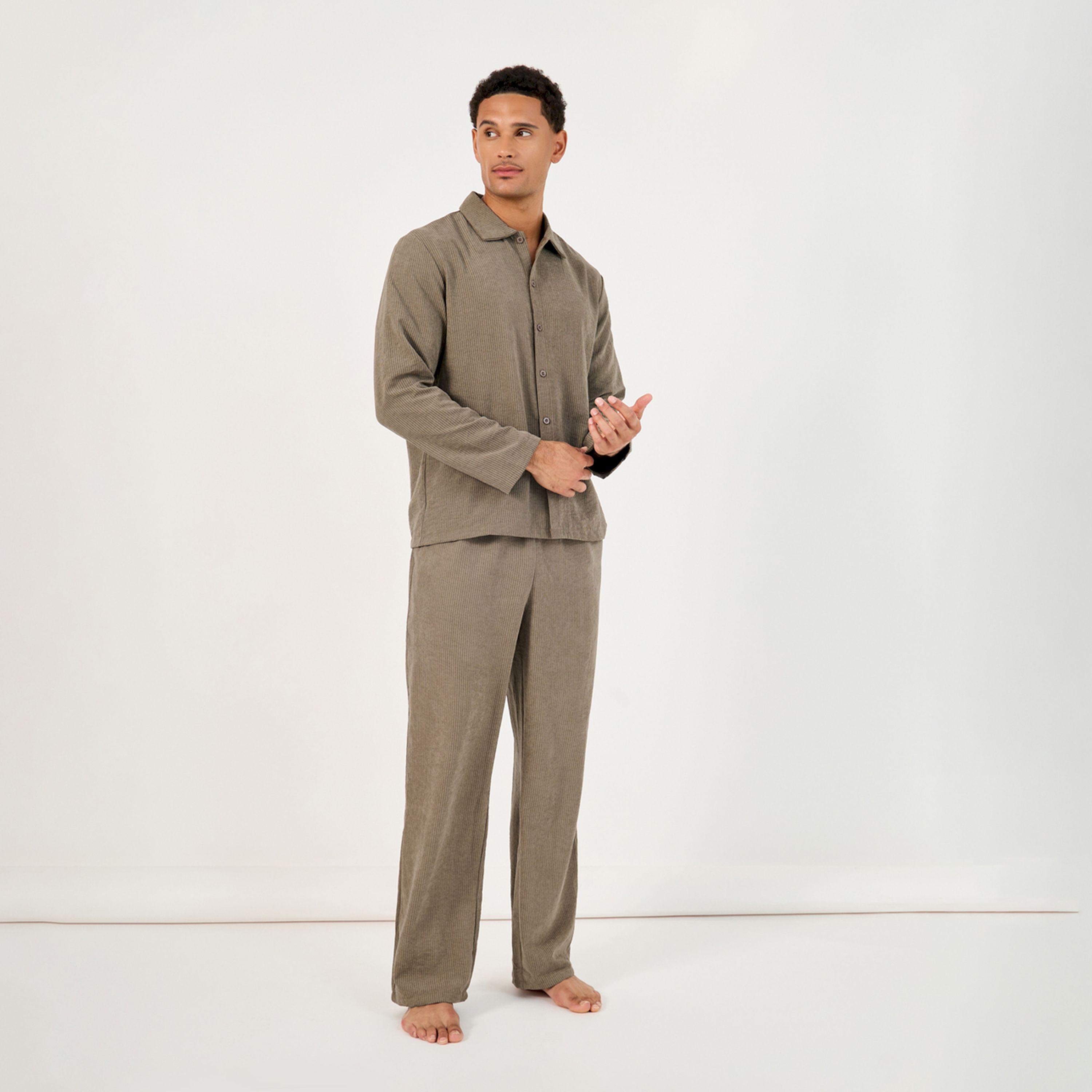 Styli Unwind Textured Woven Striped Long Sleeve Shirt & Pyjama Set-men-clothing-nightwear-sets-image-1