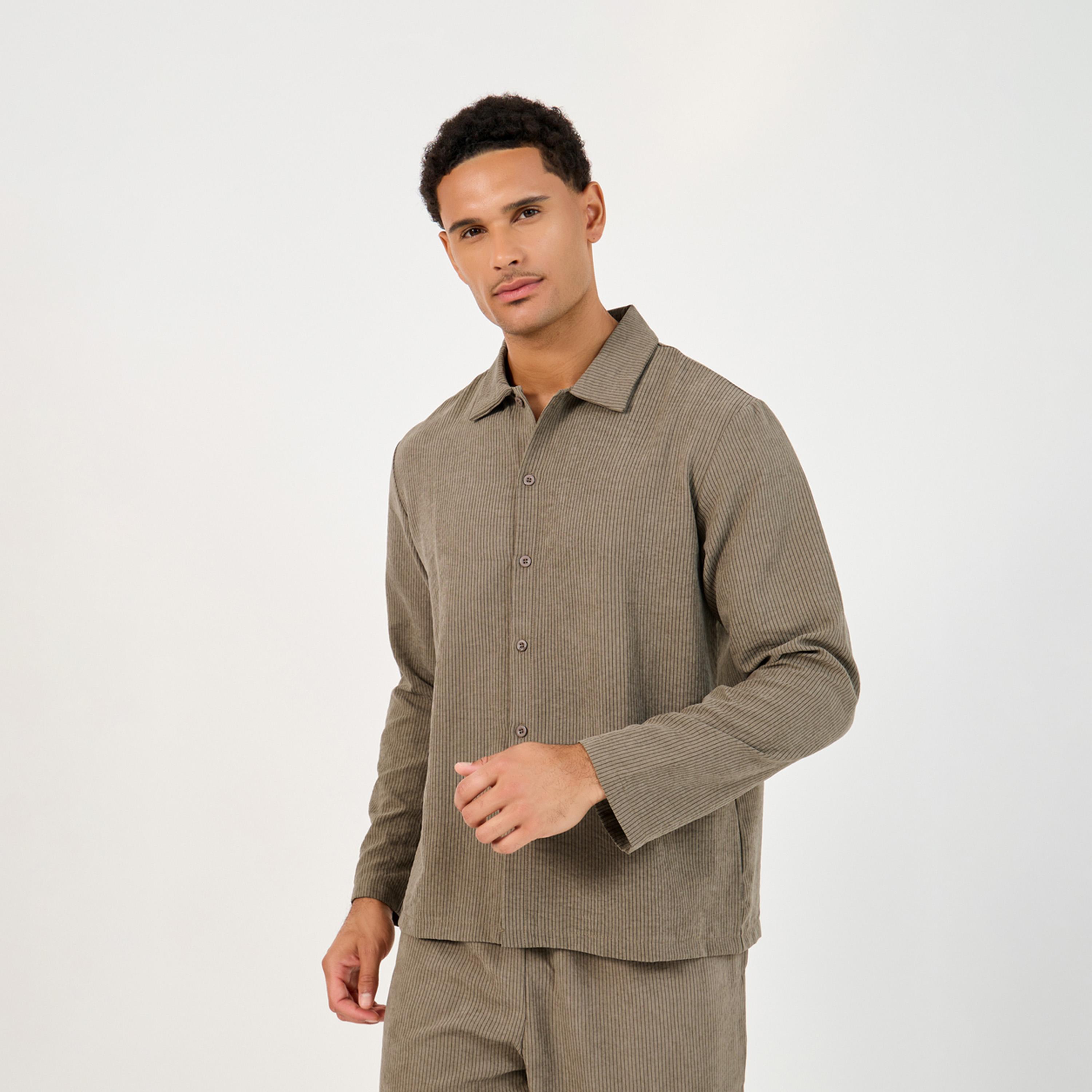 Styli Unwind Textured Woven Striped Long Sleeve Shirt & Pyjama Set-men-clothing-nightwear-sets-image-2