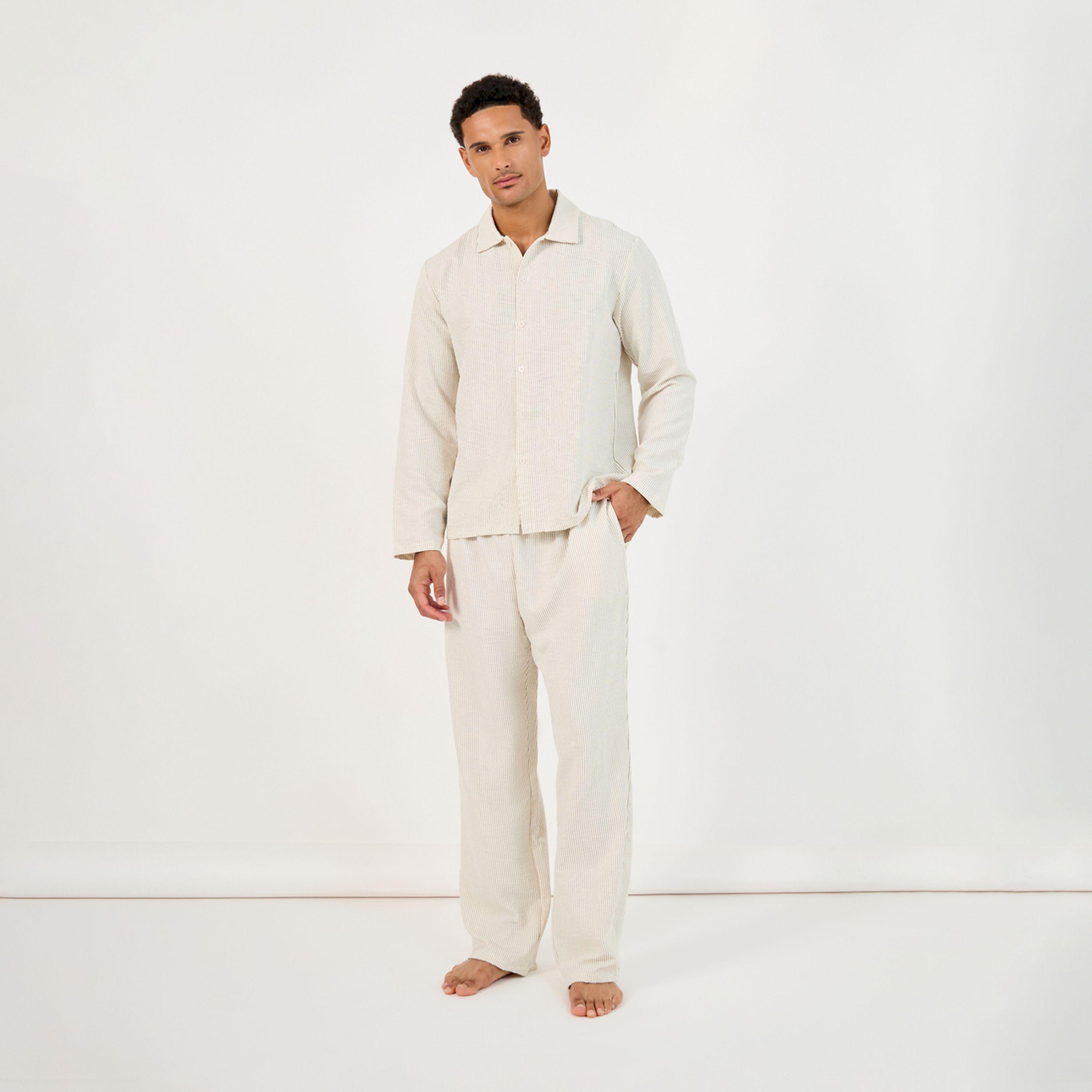 Styli Unwind Textured Woven Striped Long Sleeve Shirt & Pyjama Set-men-clothing-nightwear-sets-image-1