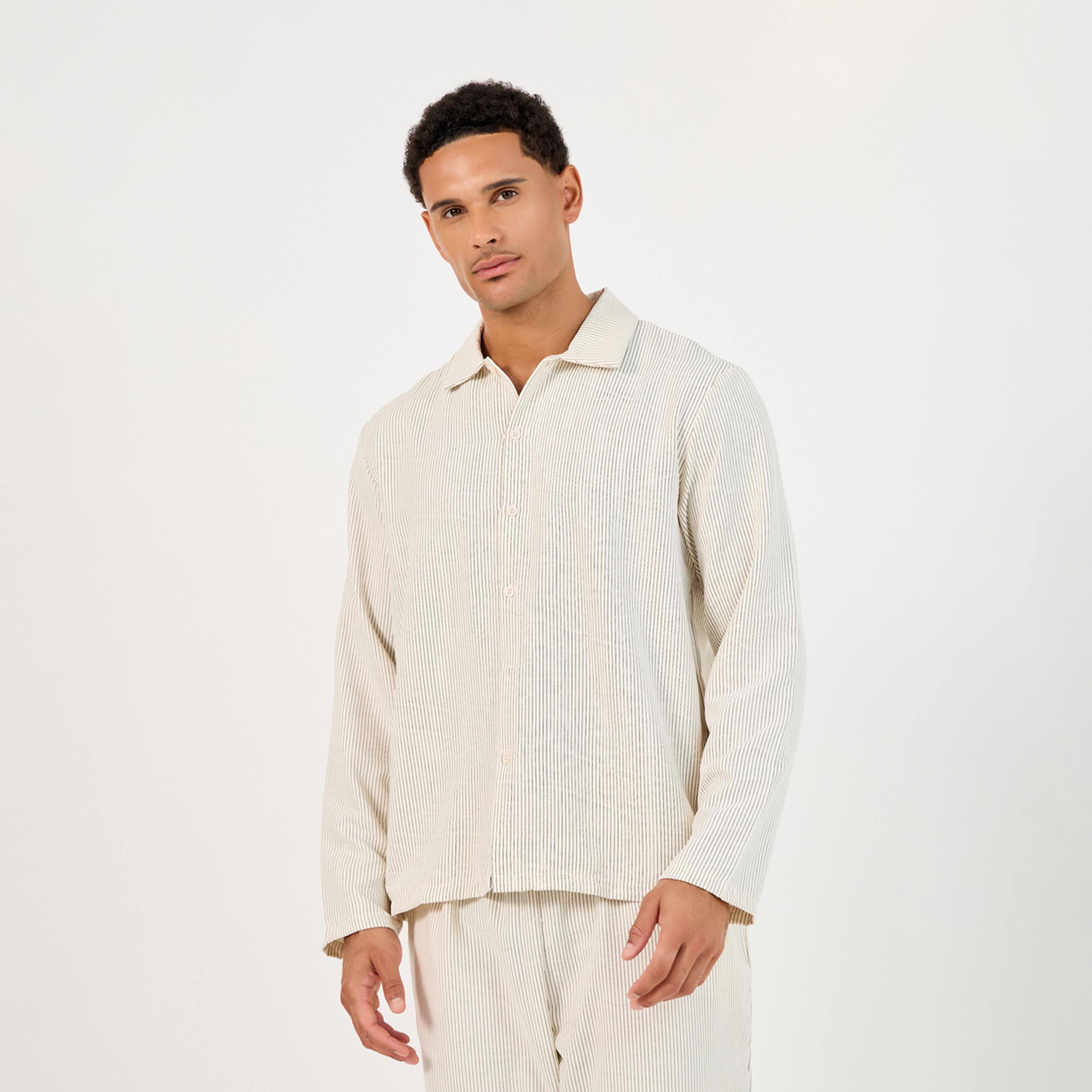 Styli Unwind Textured Woven Striped Long Sleeve Shirt & Pyjama Set-men-clothing-nightwear-sets-image-2