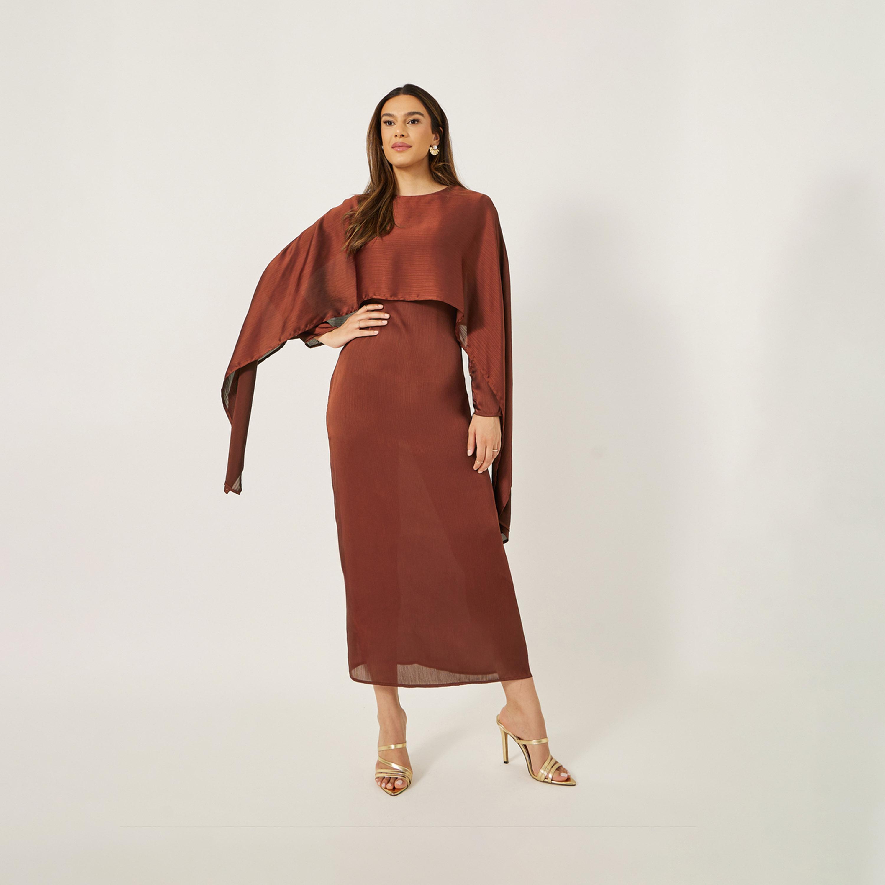 Styli Plain Cape Sleeve Shift Maxi Dress-women-clothing-dresses-image-2
