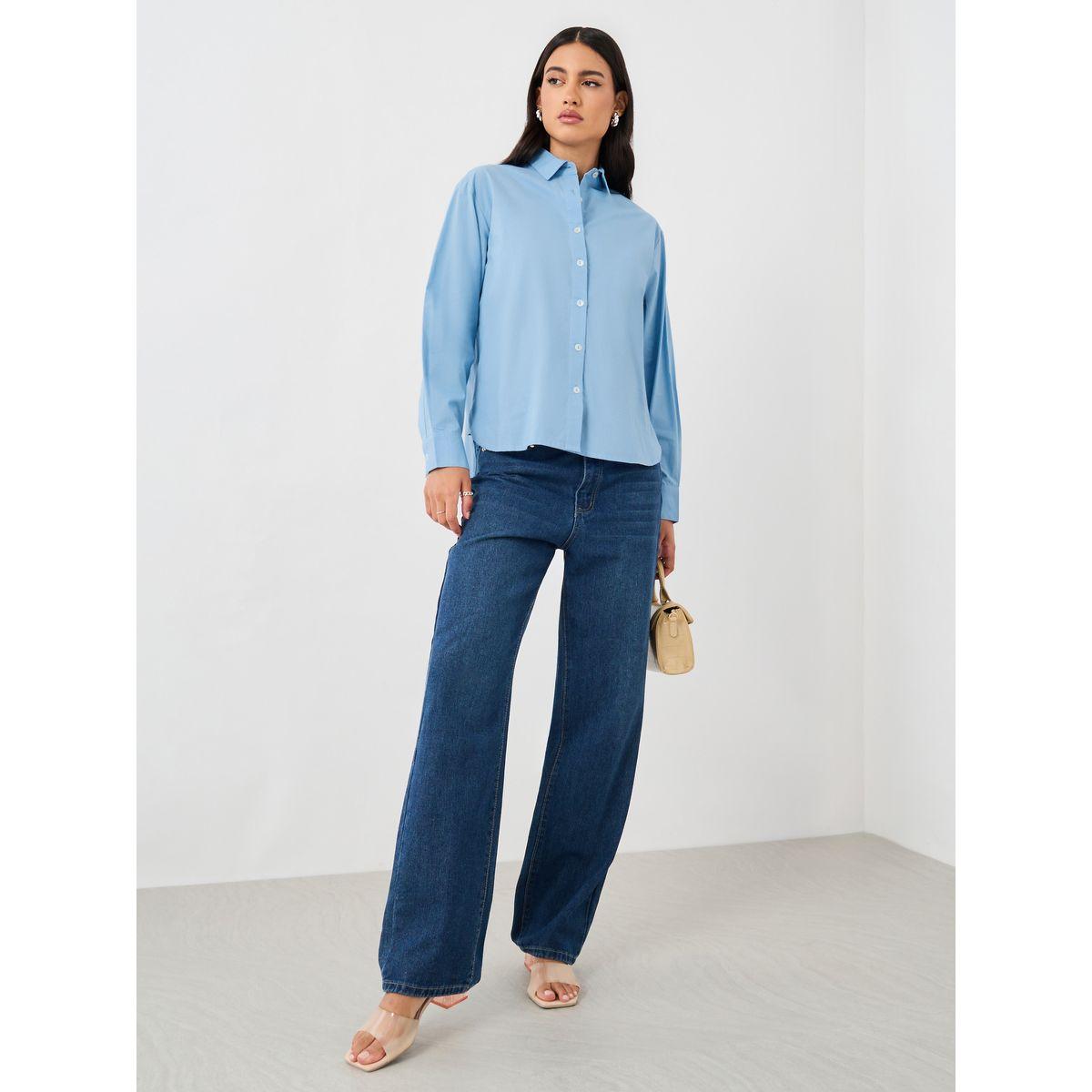 بلوزة أكسفورد سادة بقصة فضفاضة وحافة غير متماثلة الطول-women-clothing-shirtsandblouses-shirts-image-2