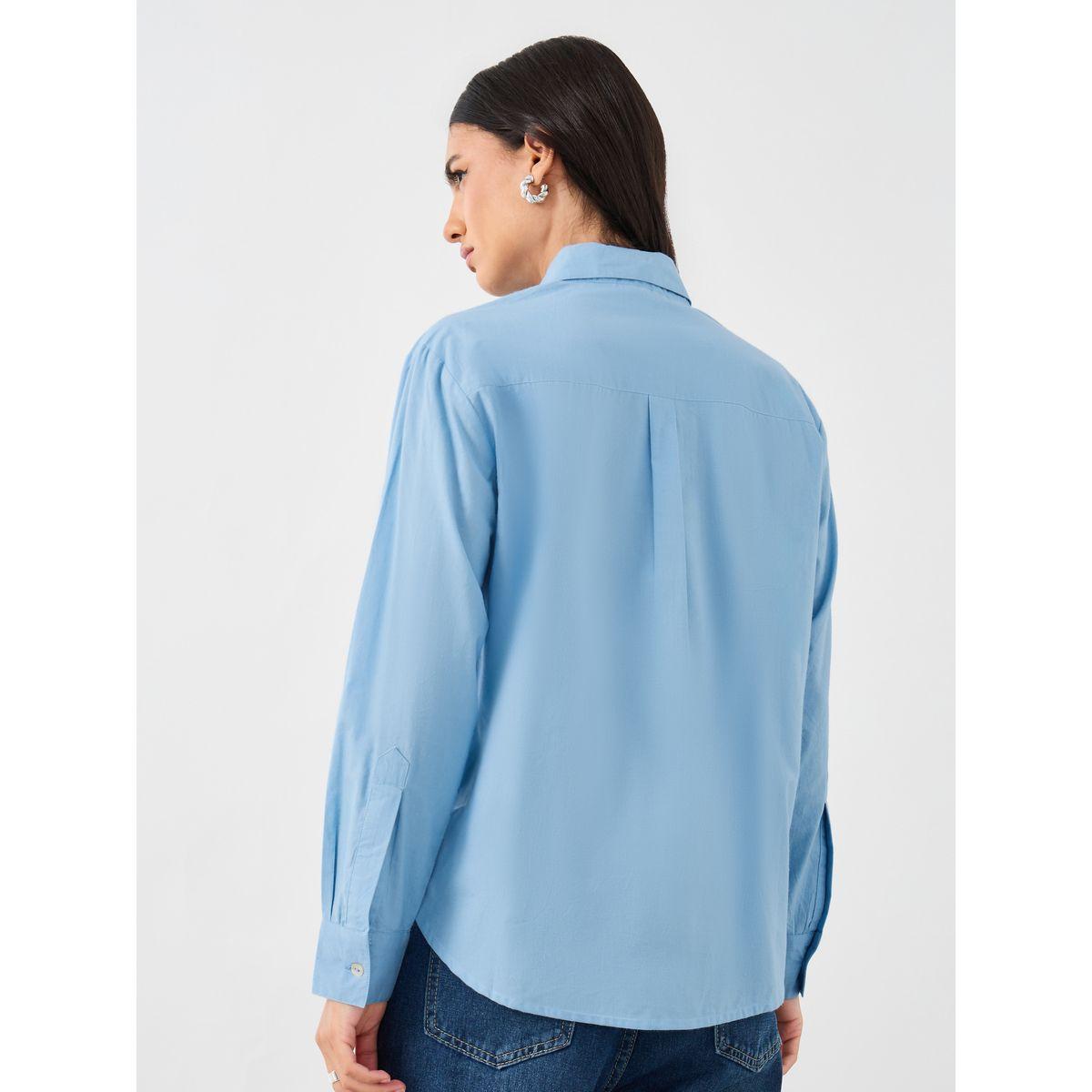 بلوزة أكسفورد سادة بقصة فضفاضة وحافة غير متماثلة الطول-women-clothing-shirtsandblouses-shirts-image-4