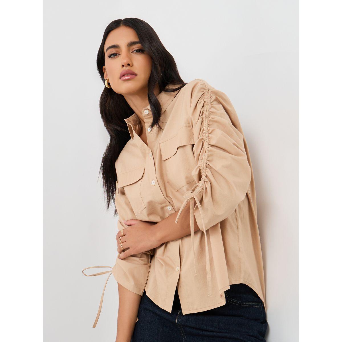 بلوزة فضفاضة سادة مع أكمام بأربطة وتفاصيل جيب-women-clothing-shirtsandblouses-shirts-image-1