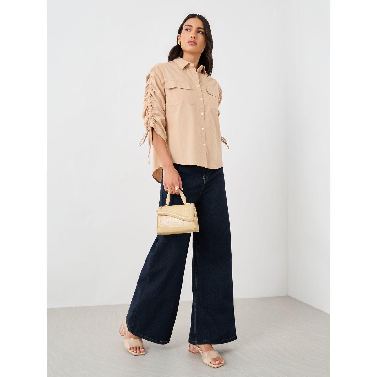Styli Plain Drawstring Sleeves Oversized Shirt with Pocket Detail-women-clothing-shirtsandblouses-shirts-image-2