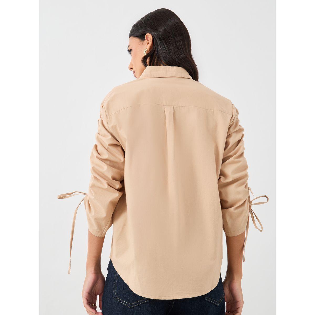 بلوزة فضفاضة سادة مع أكمام بأربطة وتفاصيل جيب-women-clothing-shirtsandblouses-shirts-image-4