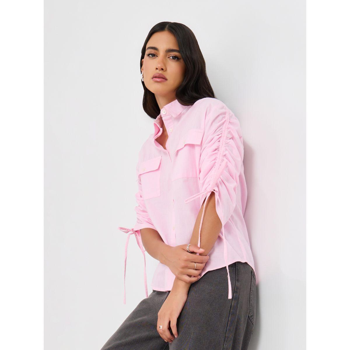 بلوزة فضفاضة سادة مع أكمام بأربطة وتفاصيل جيب-women-clothing-shirtsandblouses-shirts-image-1