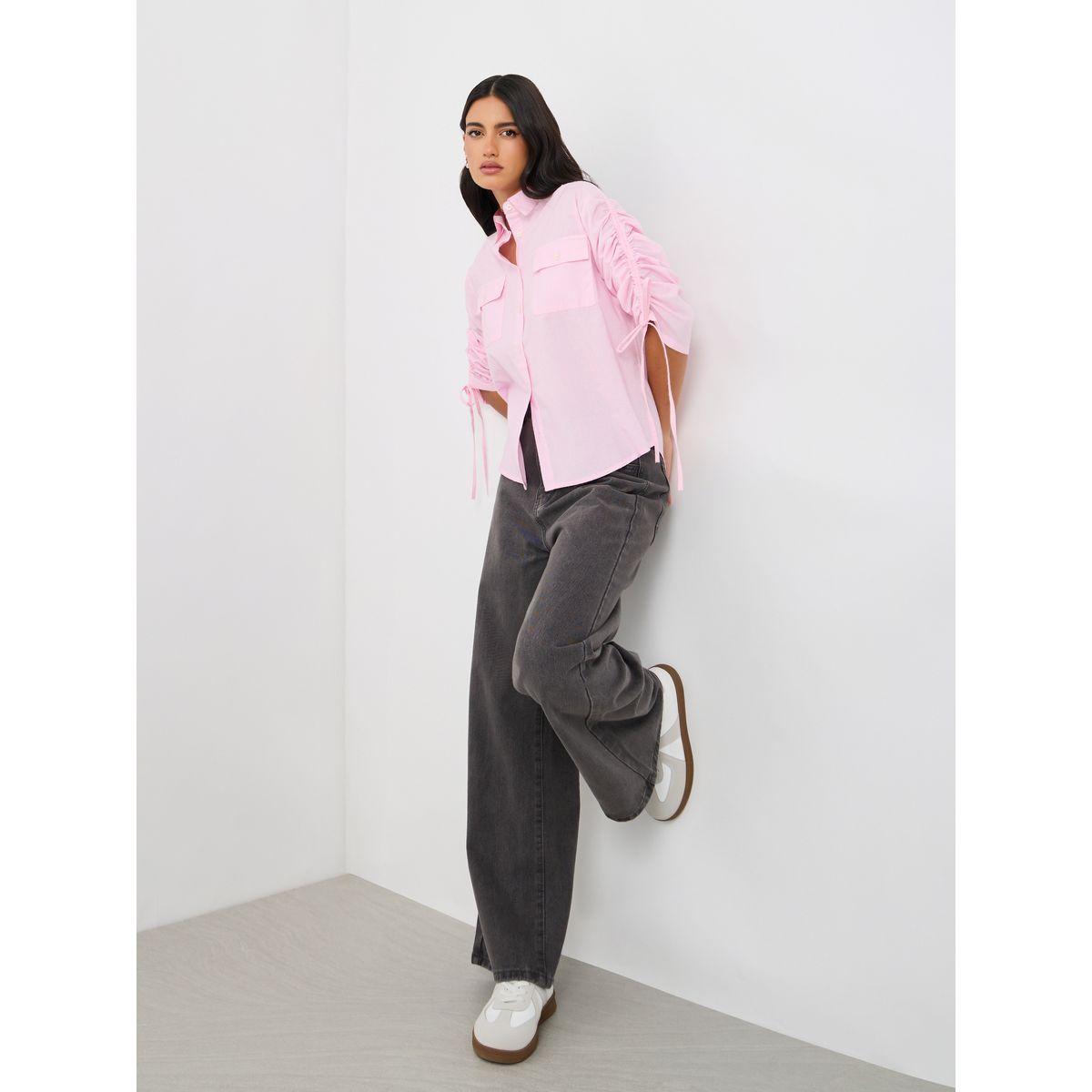 بلوزة فضفاضة سادة مع أكمام بأربطة وتفاصيل جيب-women-clothing-shirtsandblouses-shirts-image-2