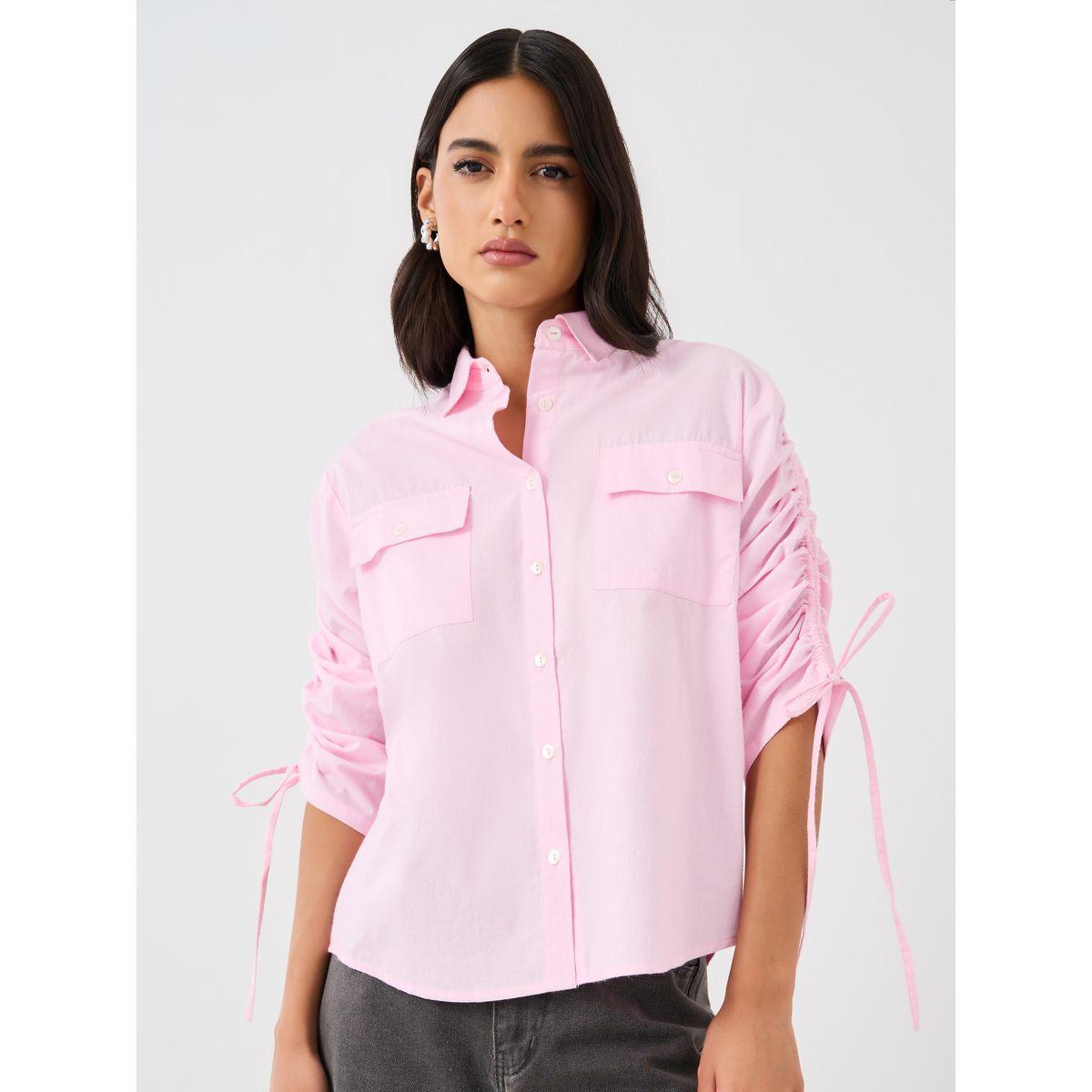 بلوزة فضفاضة سادة مع أكمام بأربطة وتفاصيل جيب-women-clothing-shirtsandblouses-shirts-image-3