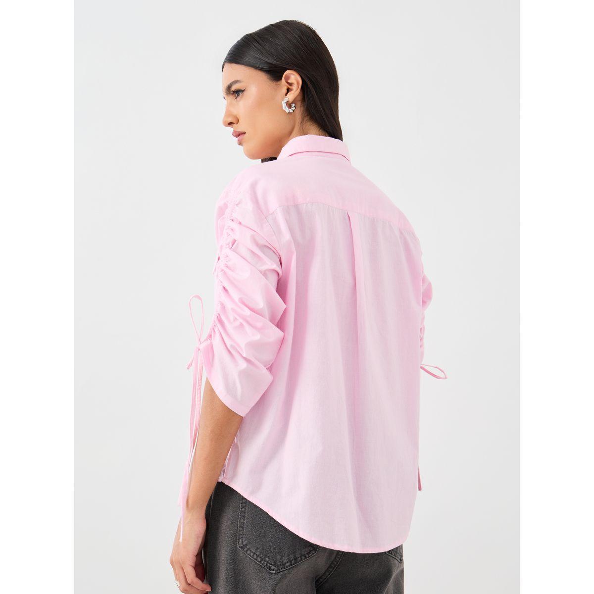 بلوزة فضفاضة سادة مع أكمام بأربطة وتفاصيل جيب-women-clothing-shirtsandblouses-shirts-image-5