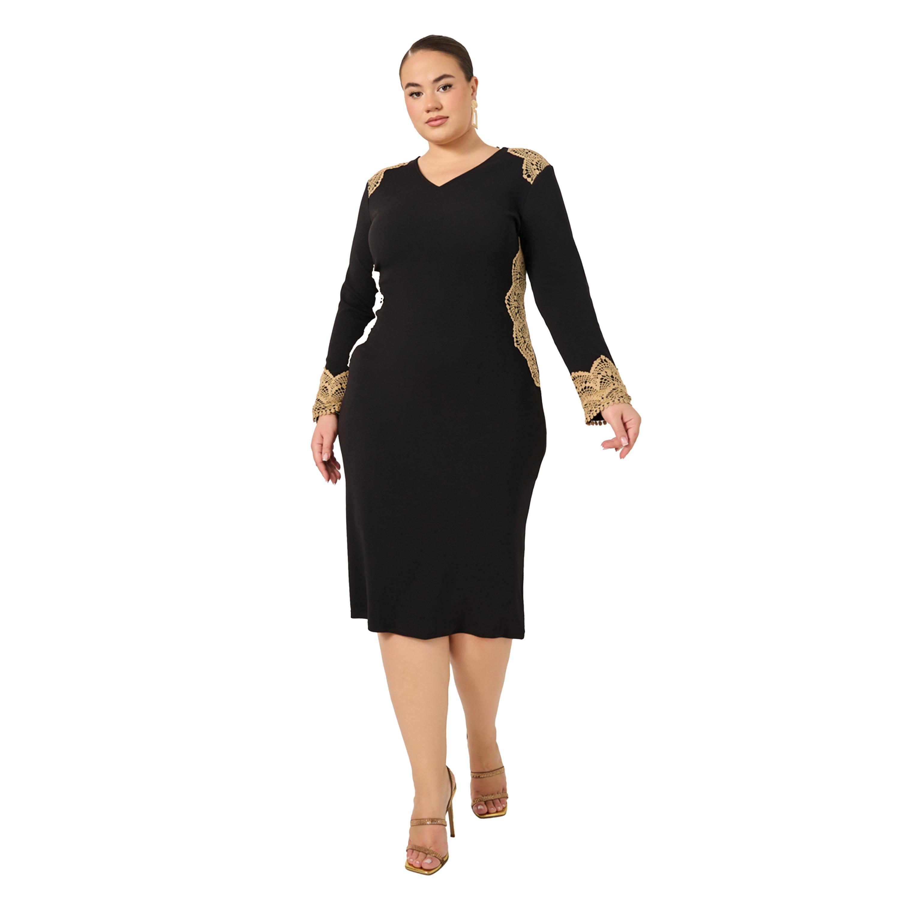 Styli Plus Size Lace Insert V Neck Bodycon Midi Dress-women-clothing-dresses-image-2