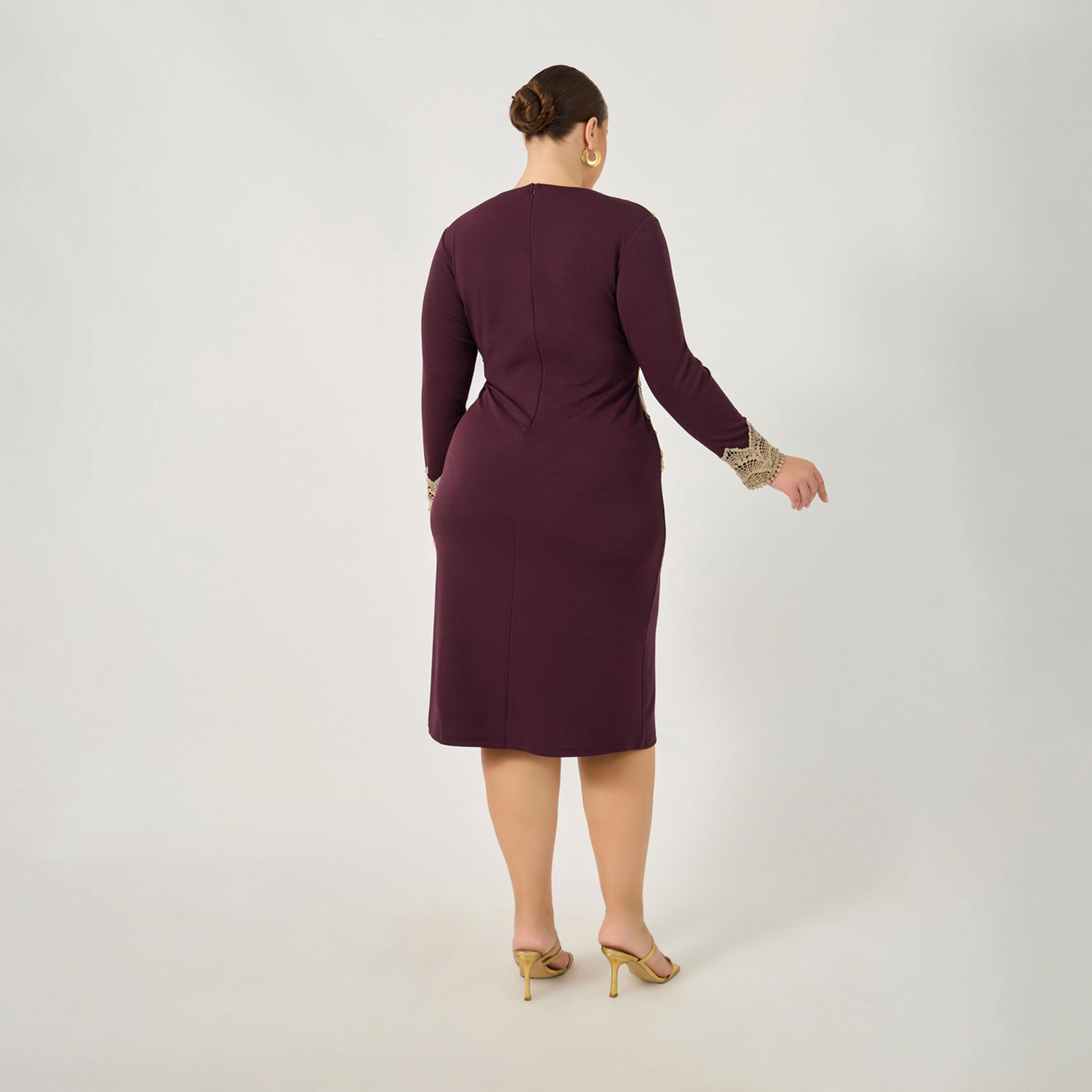 ستايلي - فستان متوسط الطول بفتحة رقبة على شكل V وتفاصيل دانتيل مقاس كبير-women-clothing-dresses-image-6