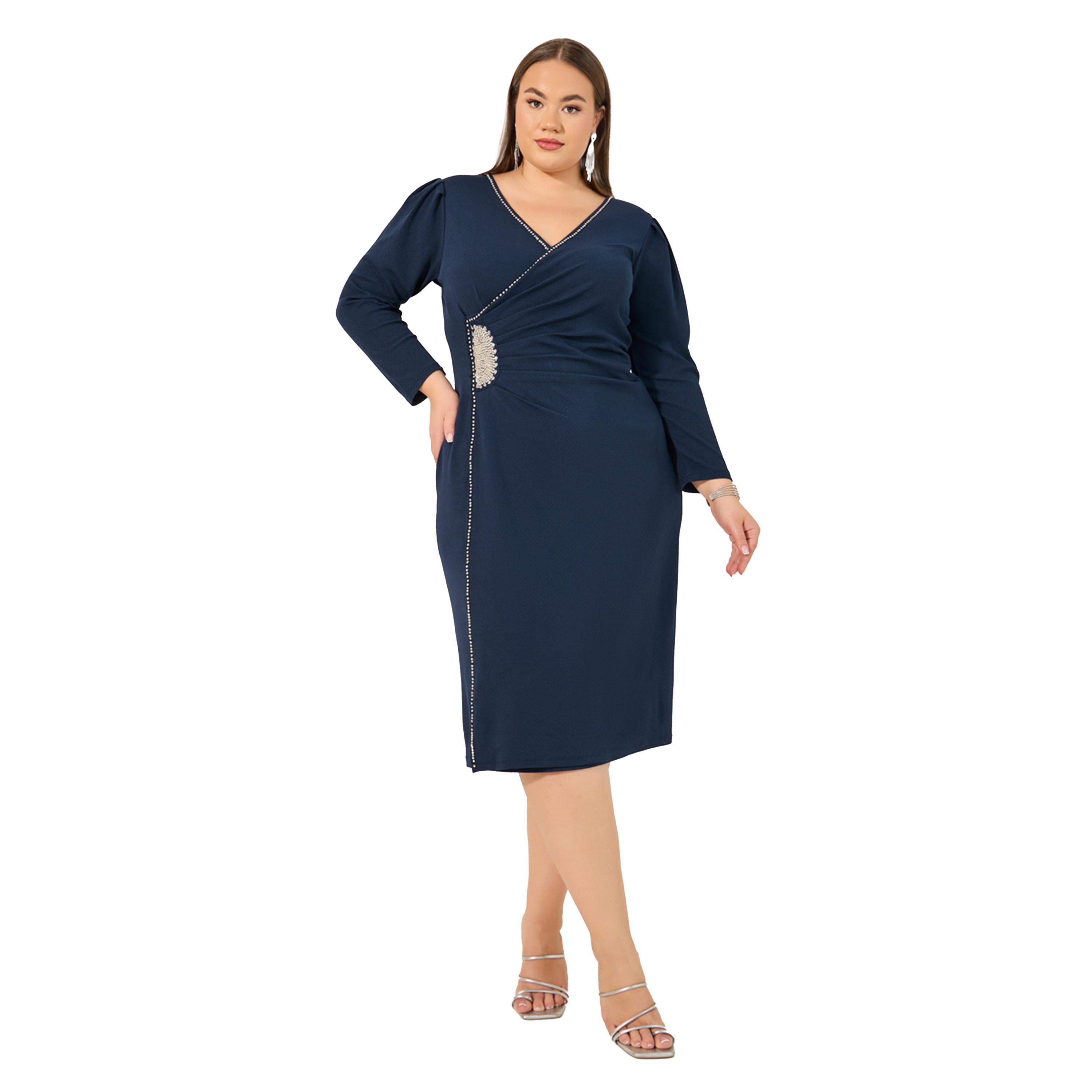 ستايلي - فستان متوسط الطول تصميم ملفوف ومزخرف مقاس كبير-women-clothing-dresses-image-2