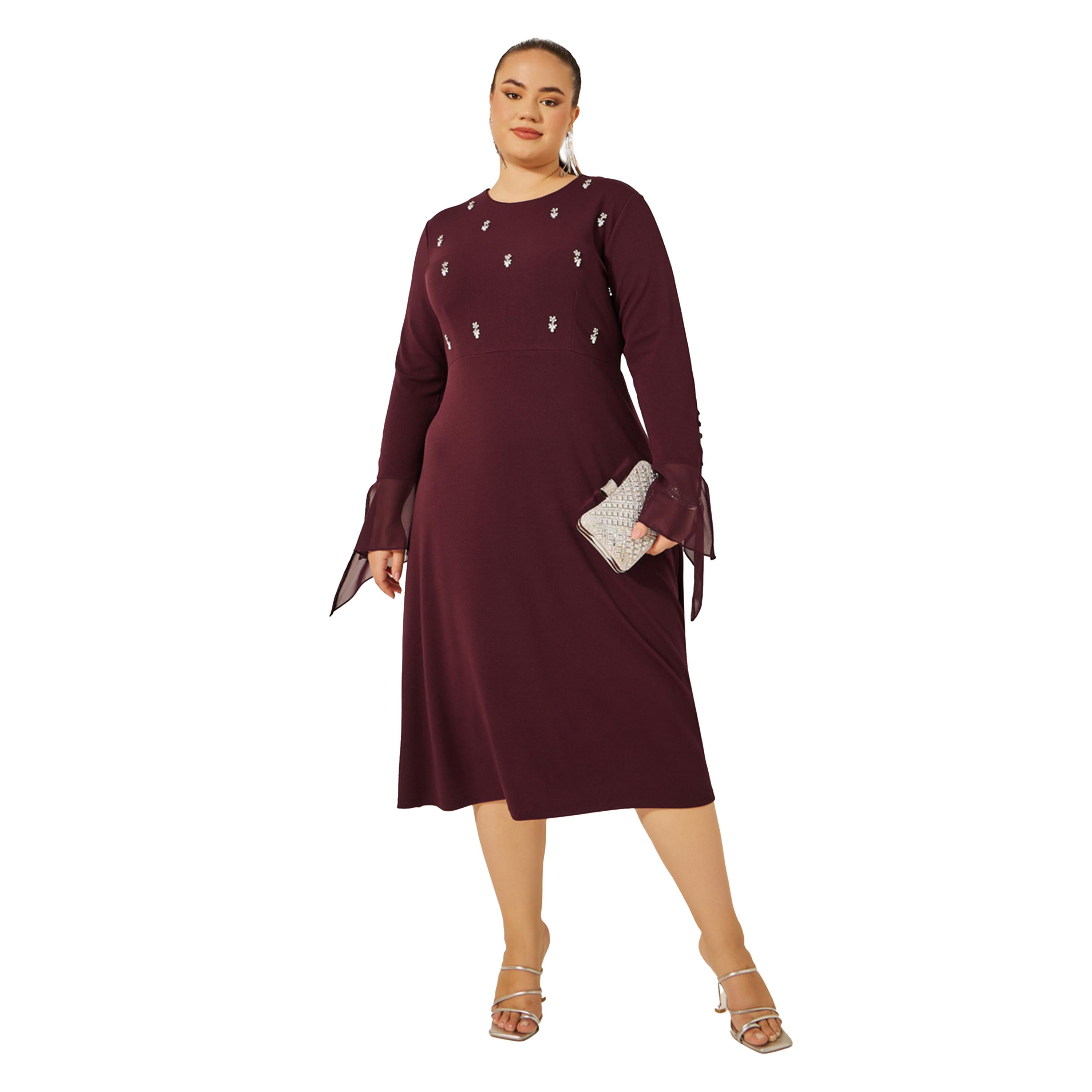 Styli Plus Size Embellished Long Sleeves A-Line Midi Dress-women-clothing-dresses-image-2