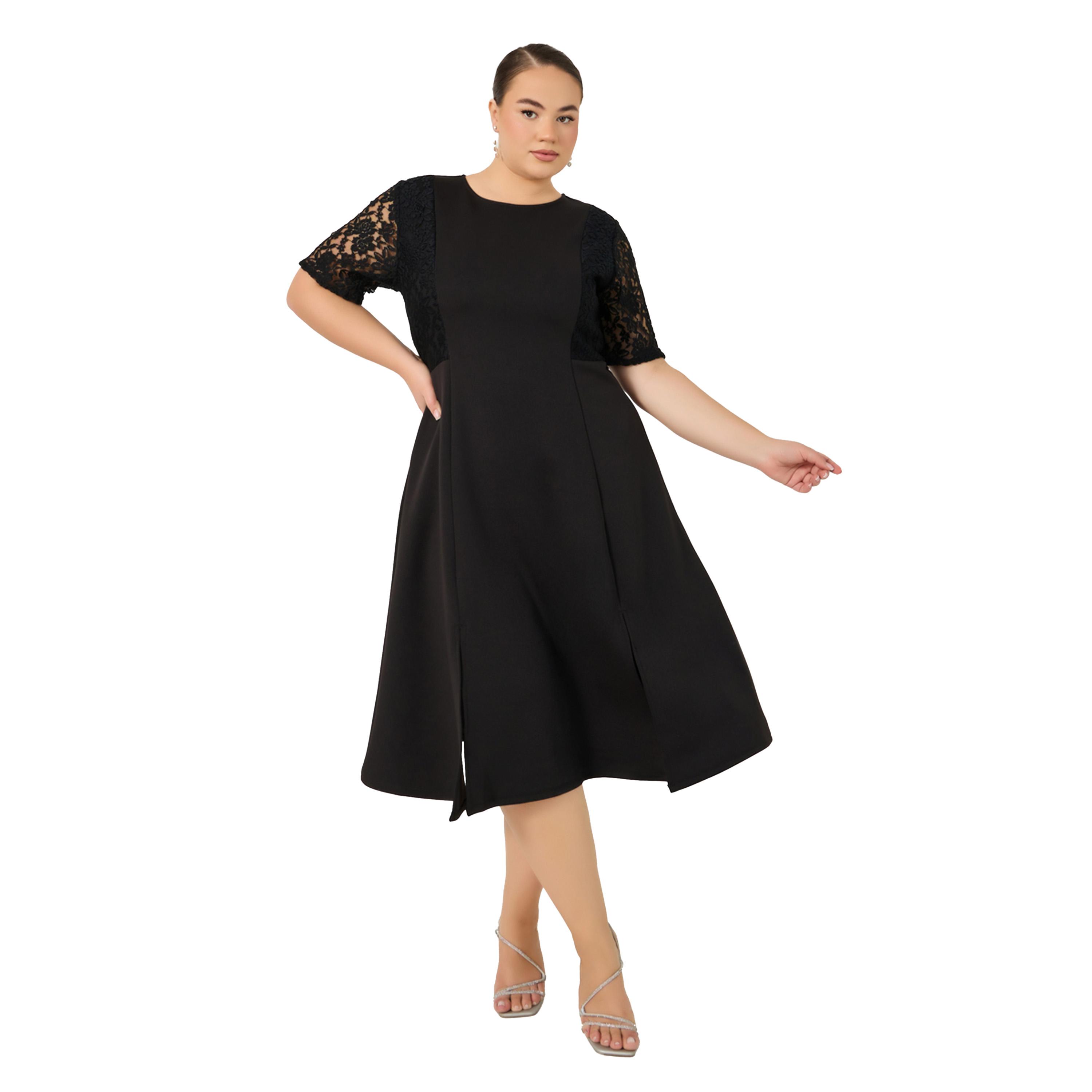 ستايلي - فستان ميدي بأكمام قصيرة على شكل حرف A وتفاصيل دانتيل بمقاس كبير-women-clothing-dresses-image-2