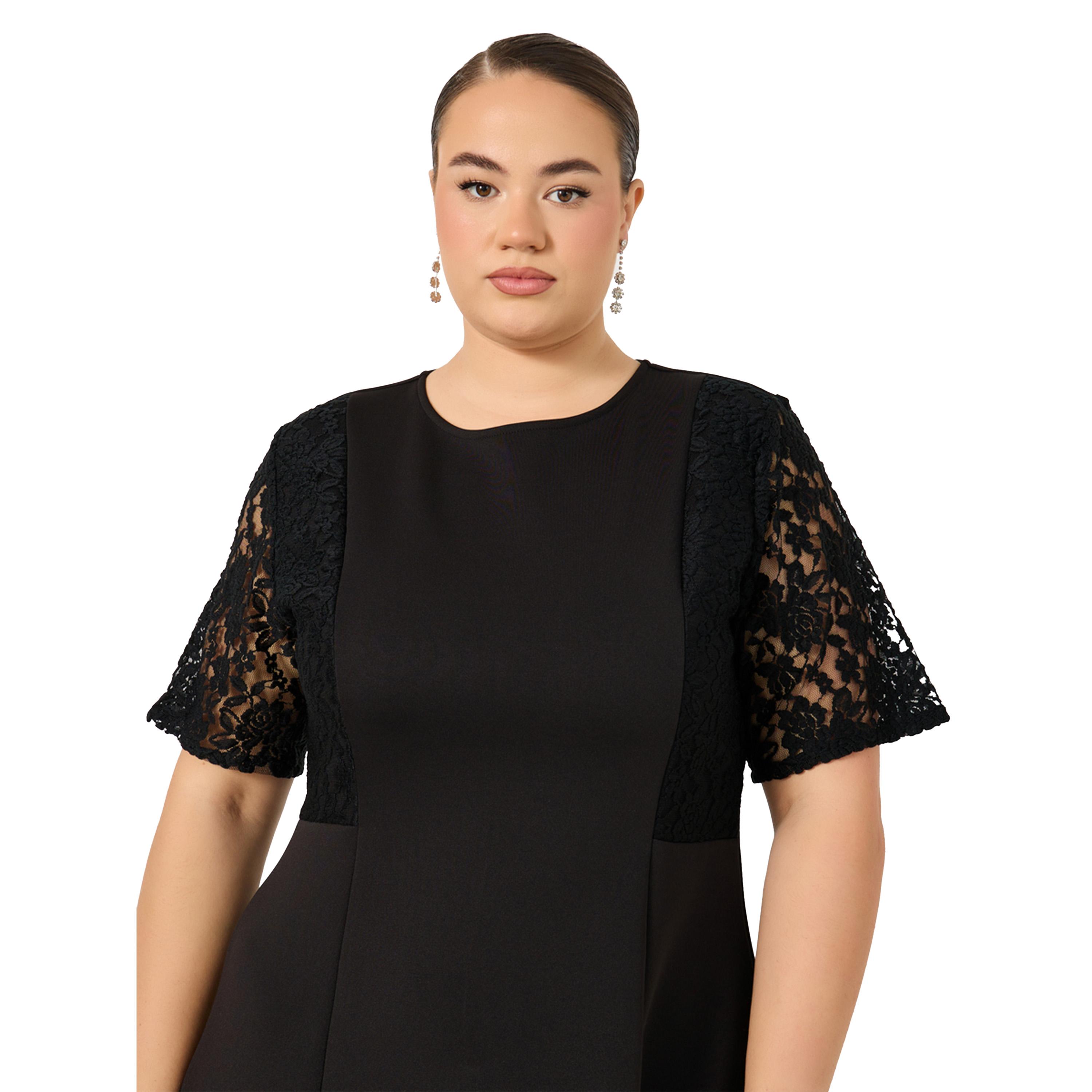 ستايلي - فستان ميدي بأكمام قصيرة على شكل حرف A وتفاصيل دانتيل بمقاس كبير-women-clothing-dresses-image-5