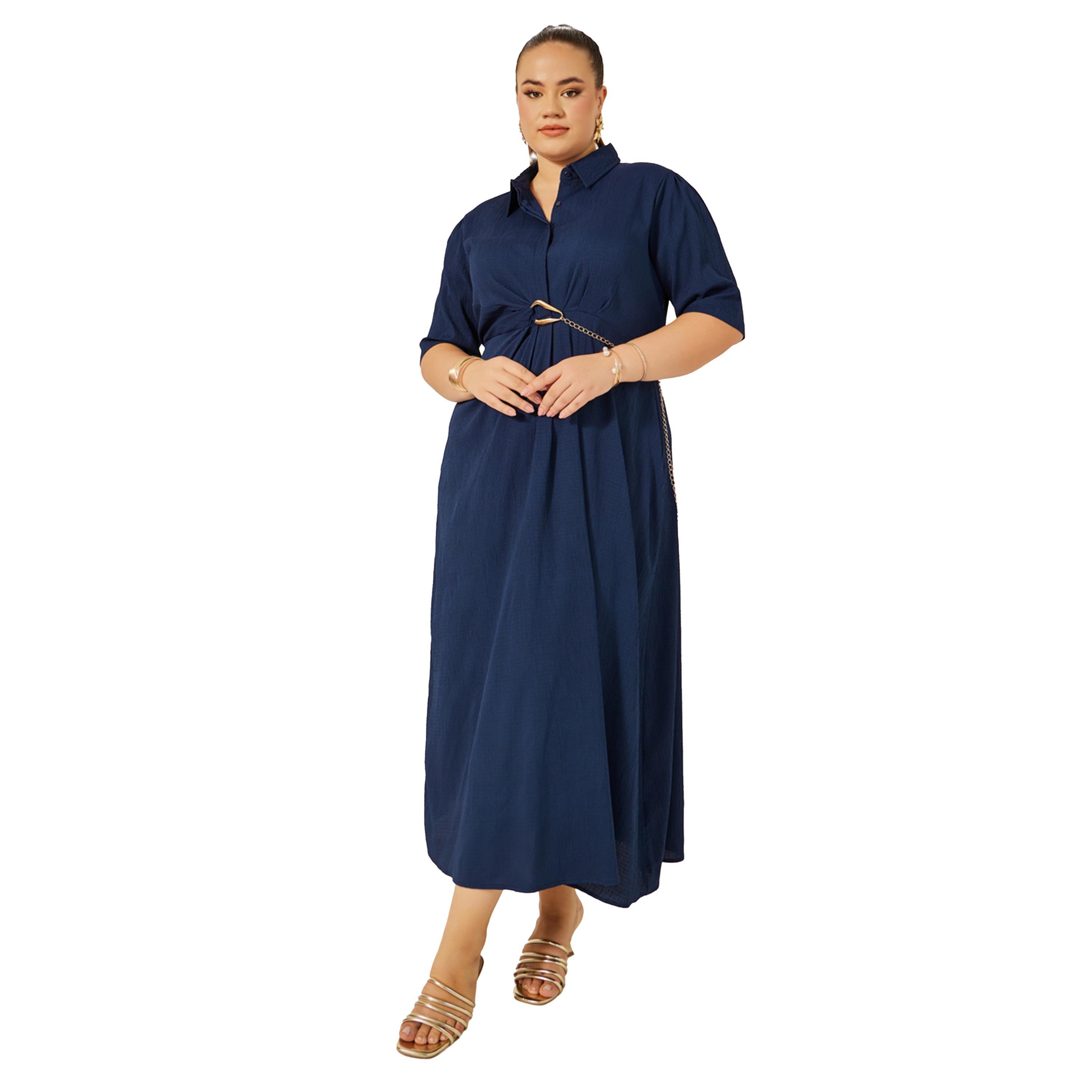 ستايلي - فستان قميصي بياقة منقوش ومقاس كبير مع سلسلة-women-clothing-dresses-image-1
