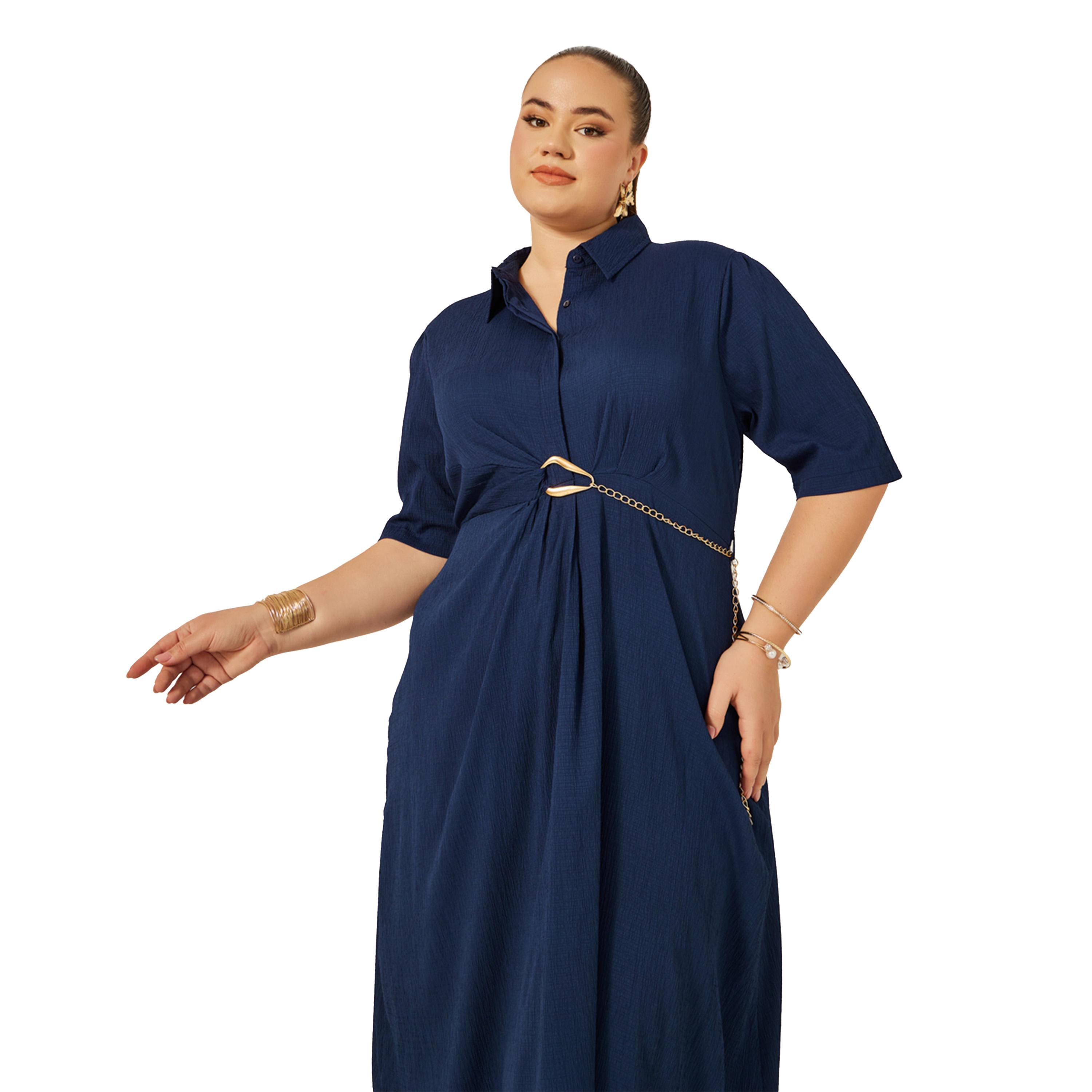 Styli Plus Size Textured Collared Shirt Dress with Chain Detail-women-clothing-dresses-image-2
