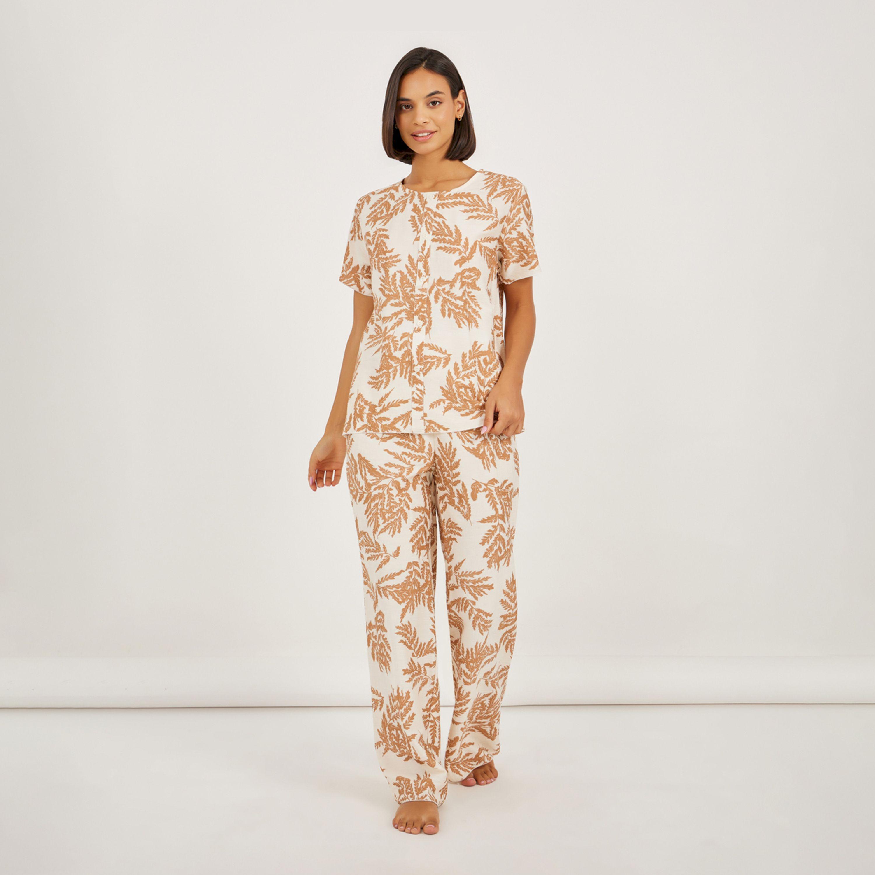 Styli Unwind All Over Palm Print Viscose Top & Pyjama Set-women-clothing-nightwear-pyjamas-longsets-image-1