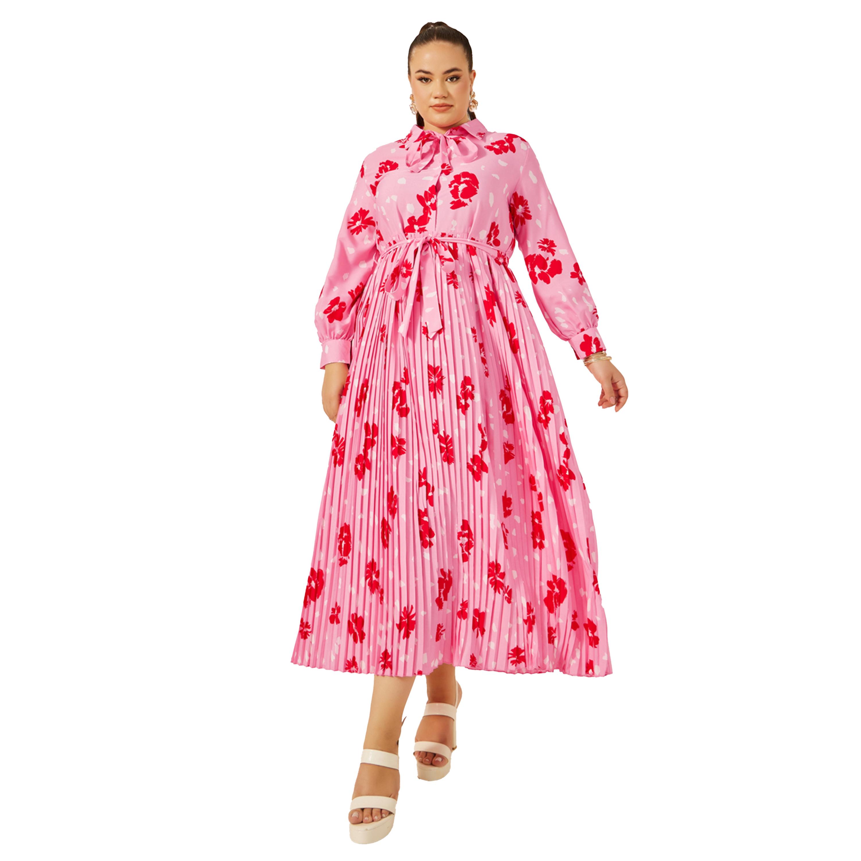 Styli Plus Size Floral Print Pleated A-Line Maxi Dress-women-clothing-dresses-image-1