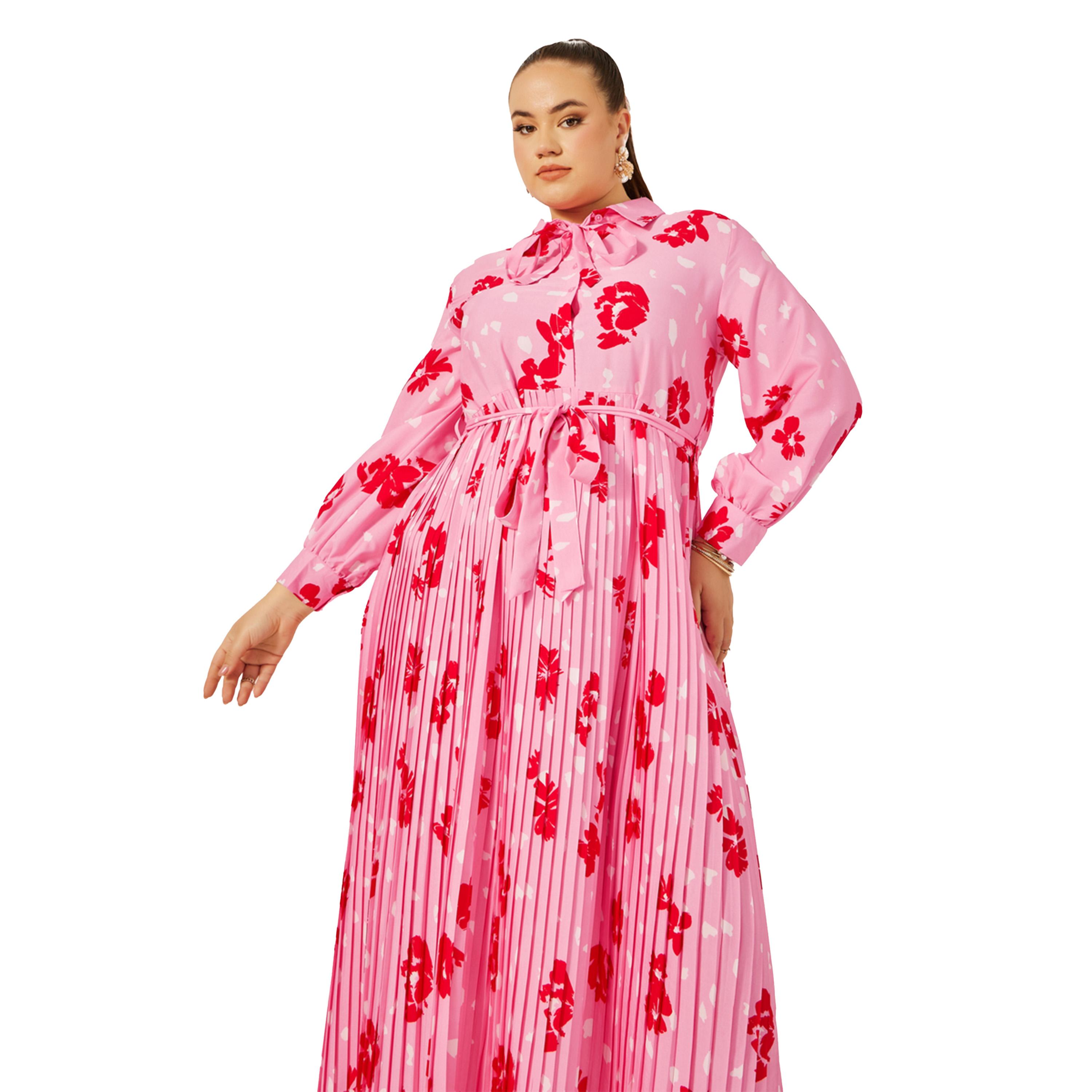Styli Plus Size Floral Print Pleated A-Line Maxi Dress-women-clothing-dresses-image-2