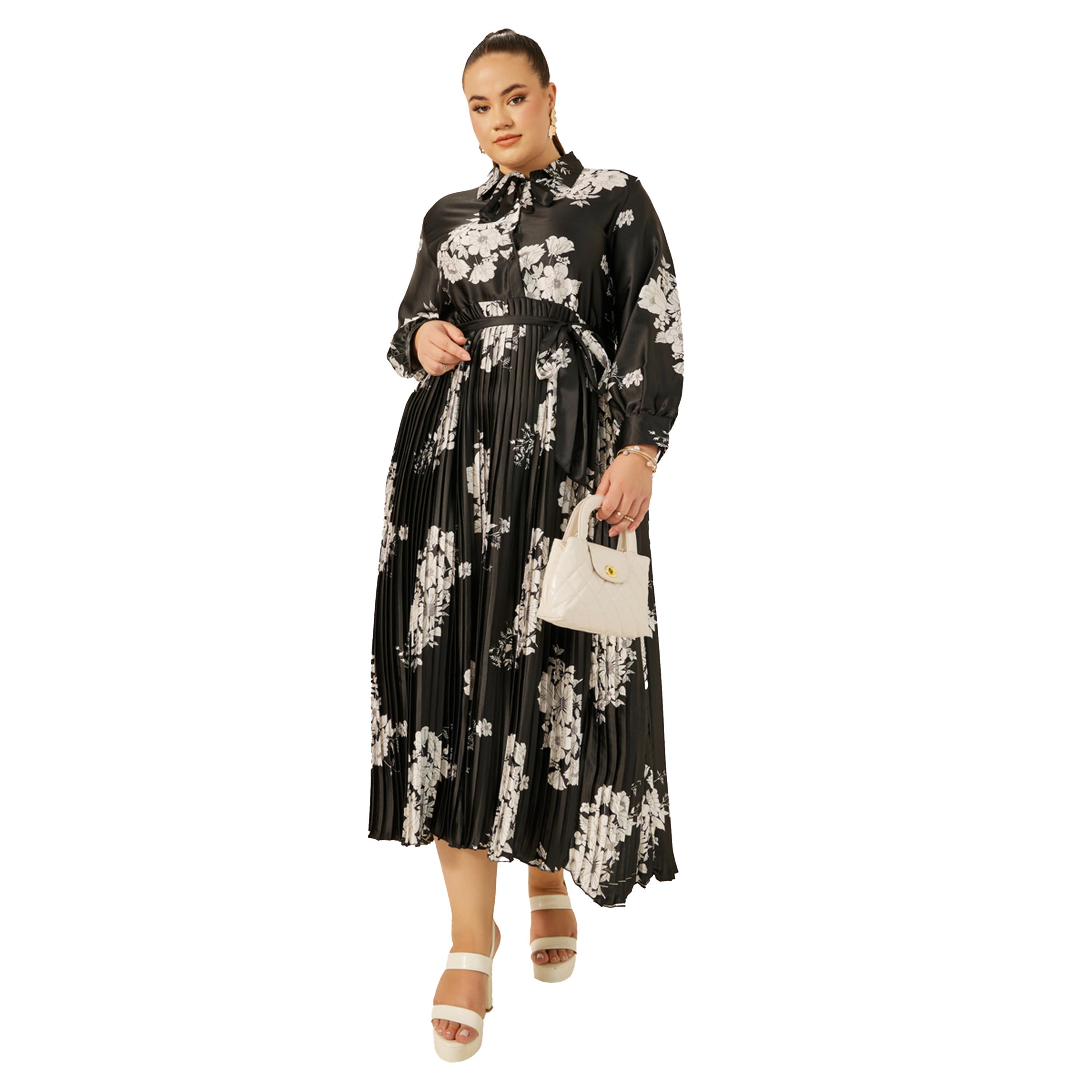 Styli Plus Size Floral Print Pleated A-Line Maxi Dress-women-clothing-dresses-image-2