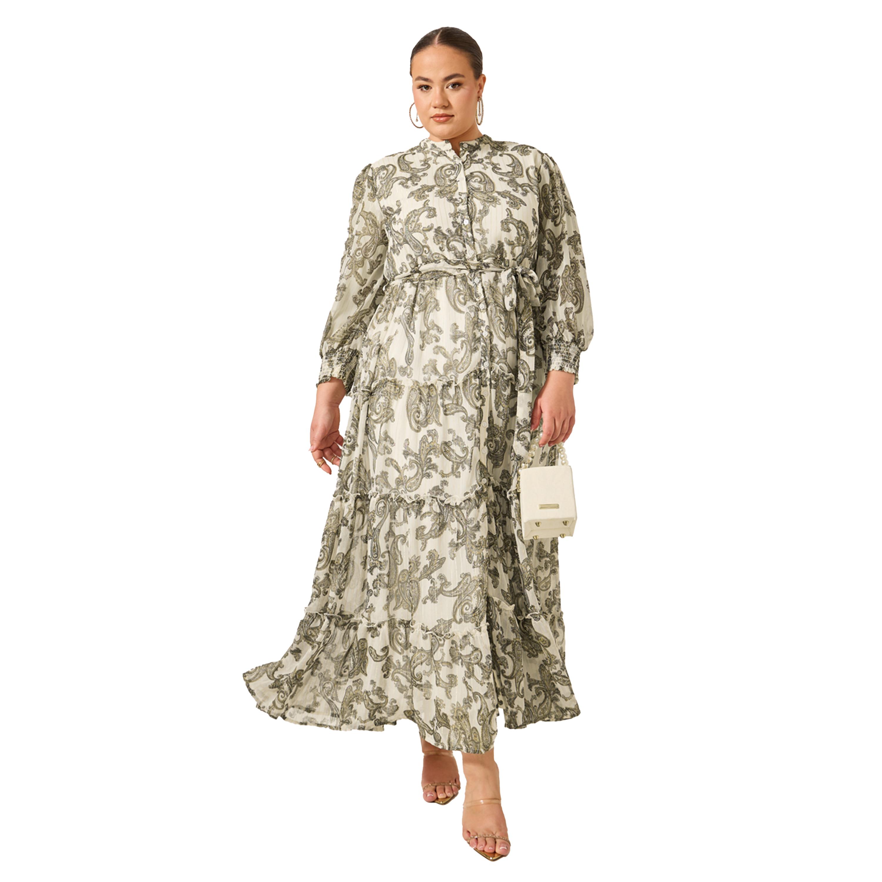 ستايلي - فستان ماكسي بطبقات بأكمام طويلة وطبعة بيزلي مقاس كبير-women-clothing-dresses-image-1