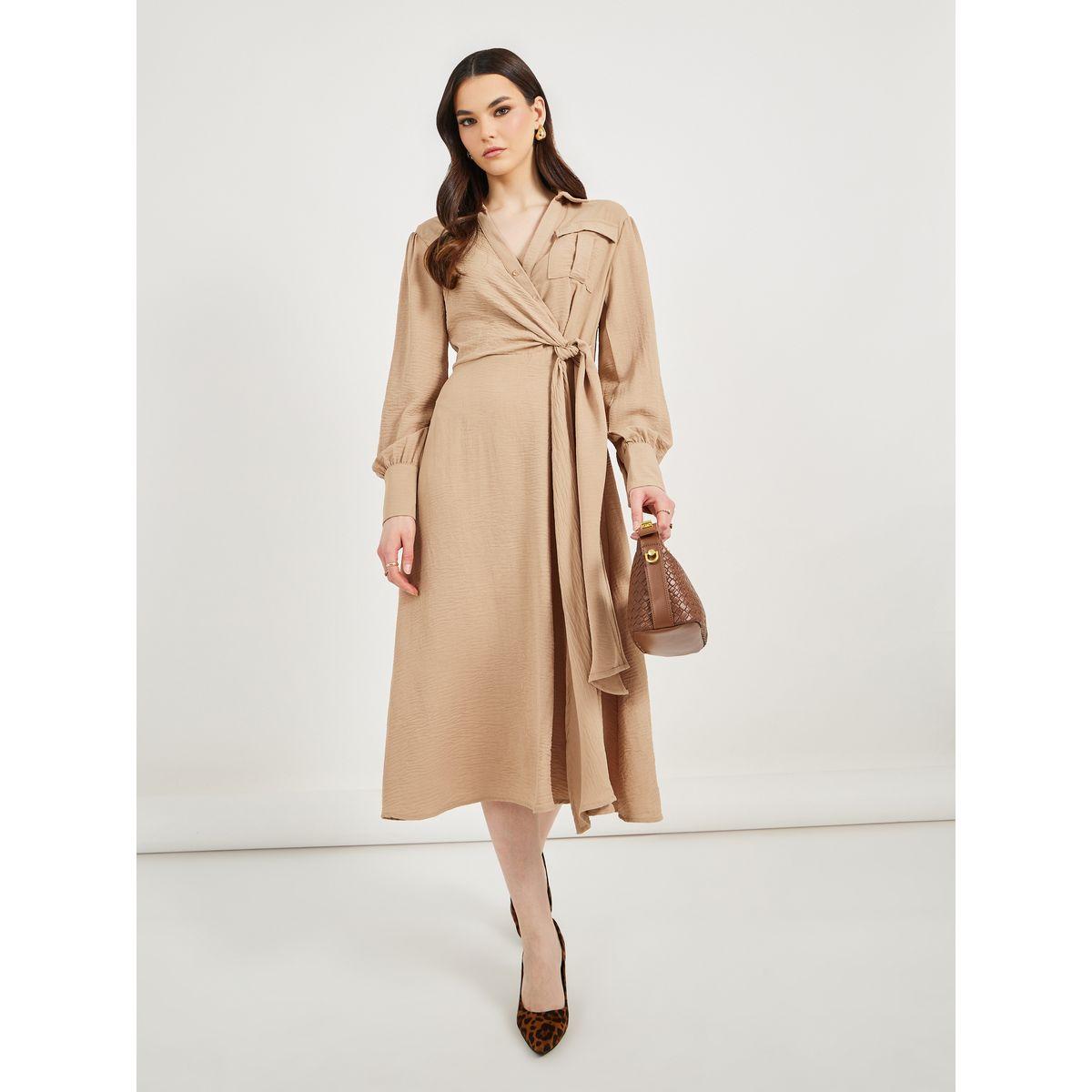 Styli Textured Wrap Front Shirt Midi Dress with Self Tie Belt-women-clothing-dresses-image-1