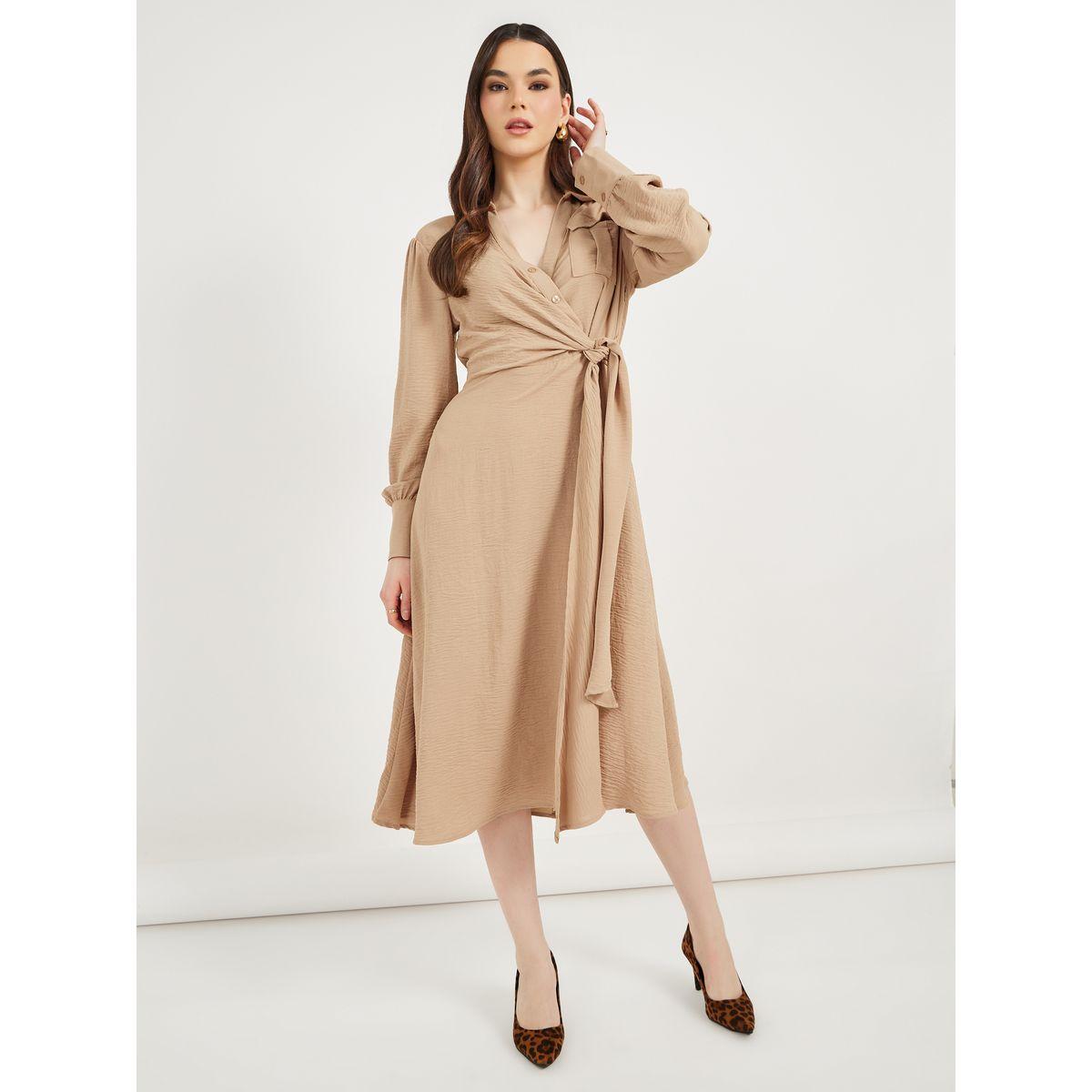 فستان ميدي ملفوف بنسيج محكم وحزام ذاتي-women-clothing-dresses-image-2
