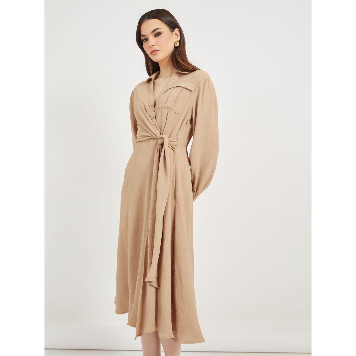 فستان ميدي ملفوف بنسيج محكم وحزام ذاتي-women-clothing-dresses-image-3