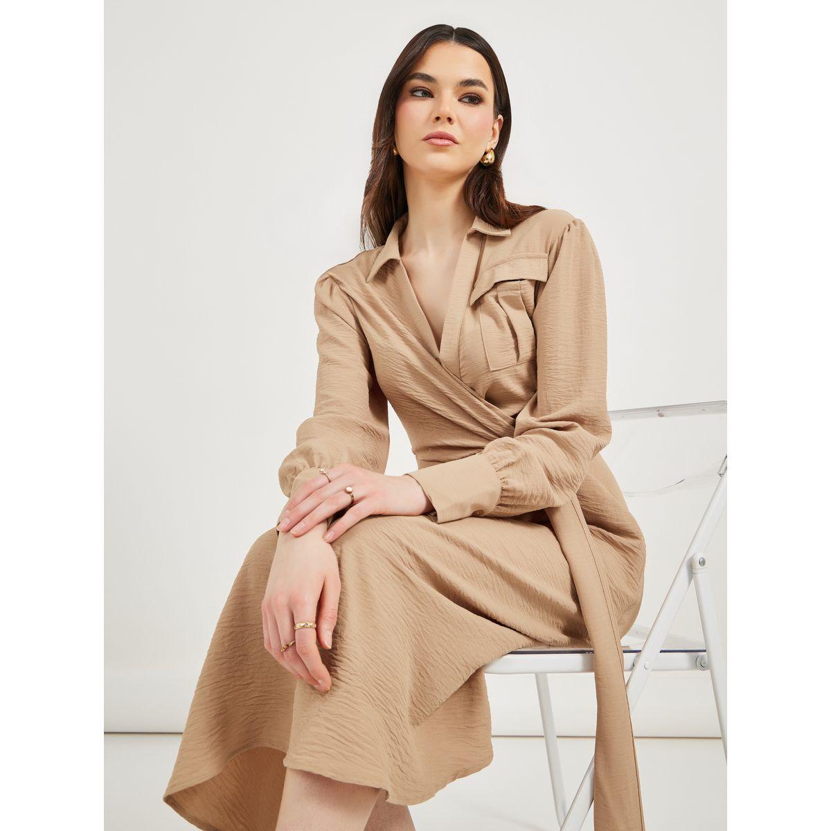 فستان ميدي ملفوف بنسيج محكم وحزام ذاتي-women-clothing-dresses-image-4