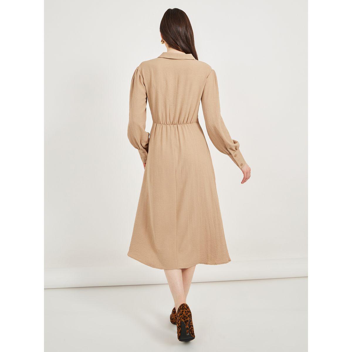 Styli Textured Wrap Front Shirt Midi Dress with Self Tie Belt-women-clothing-dresses-image-6