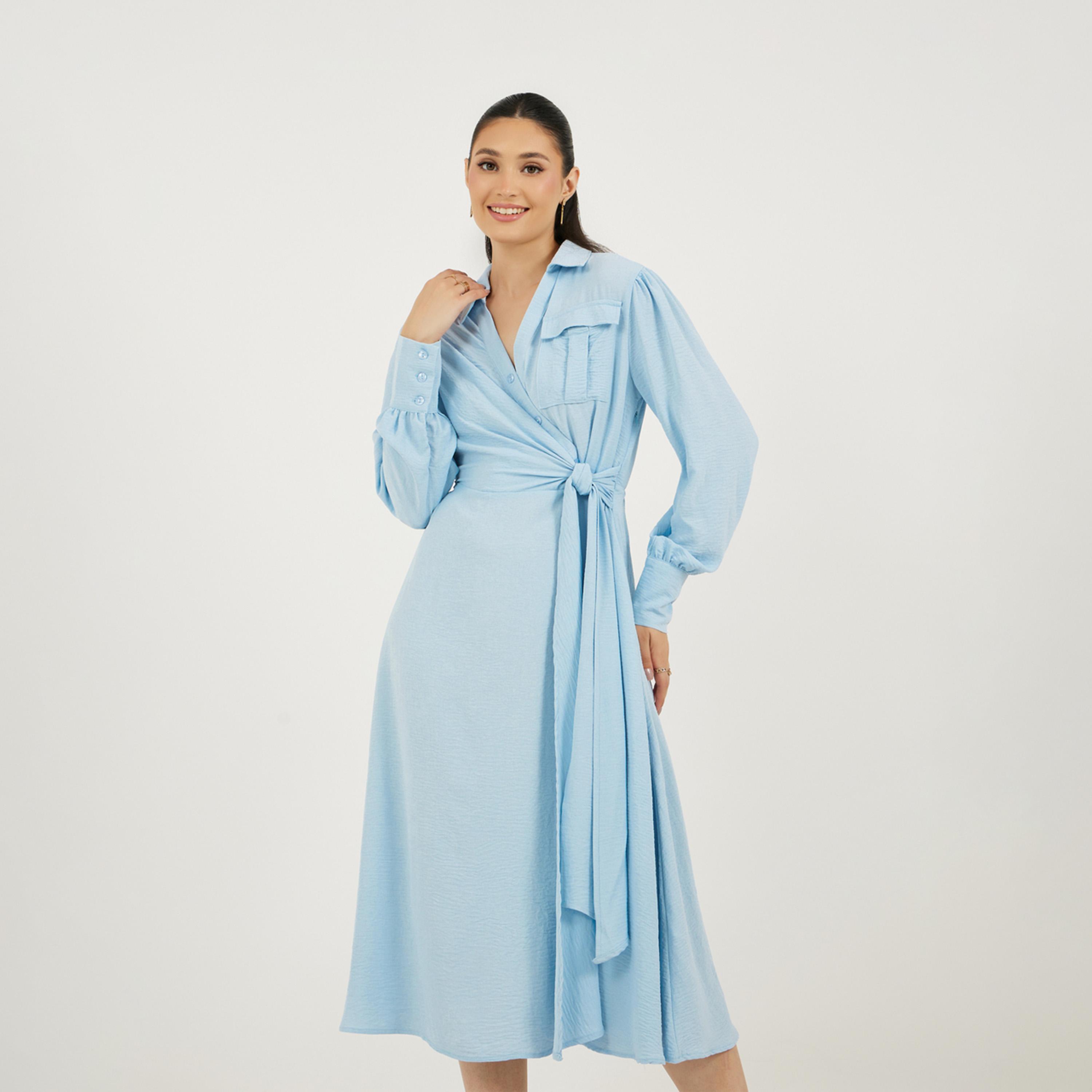 ستايلي - فستان متوسط الطول بتصميم ملفوف من الأمام مع حزام للربط-women-clothing-dresses-image-1
