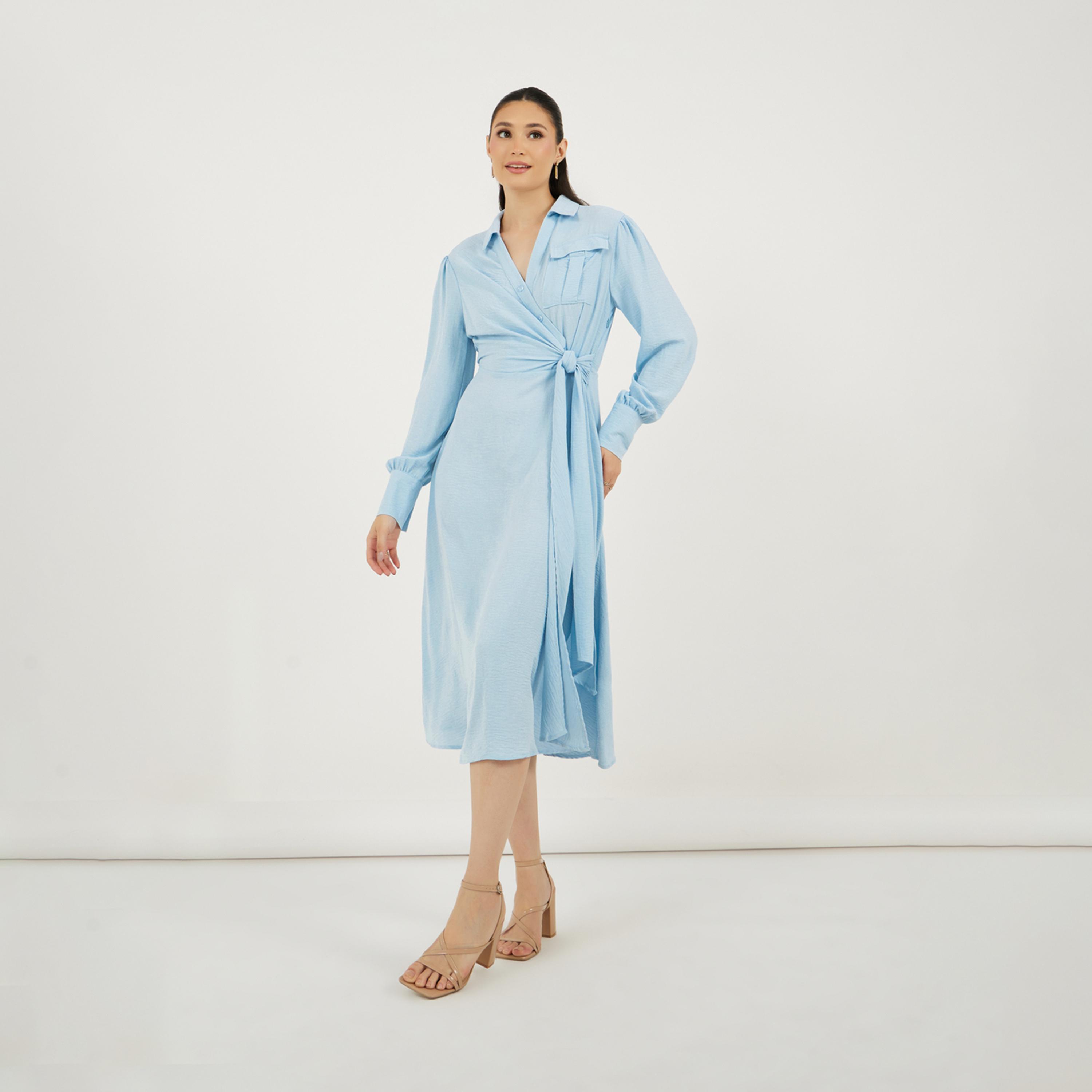 ستايلي - فستان متوسط الطول بتصميم ملفوف من الأمام مع حزام للربط-women-clothing-dresses-image-2