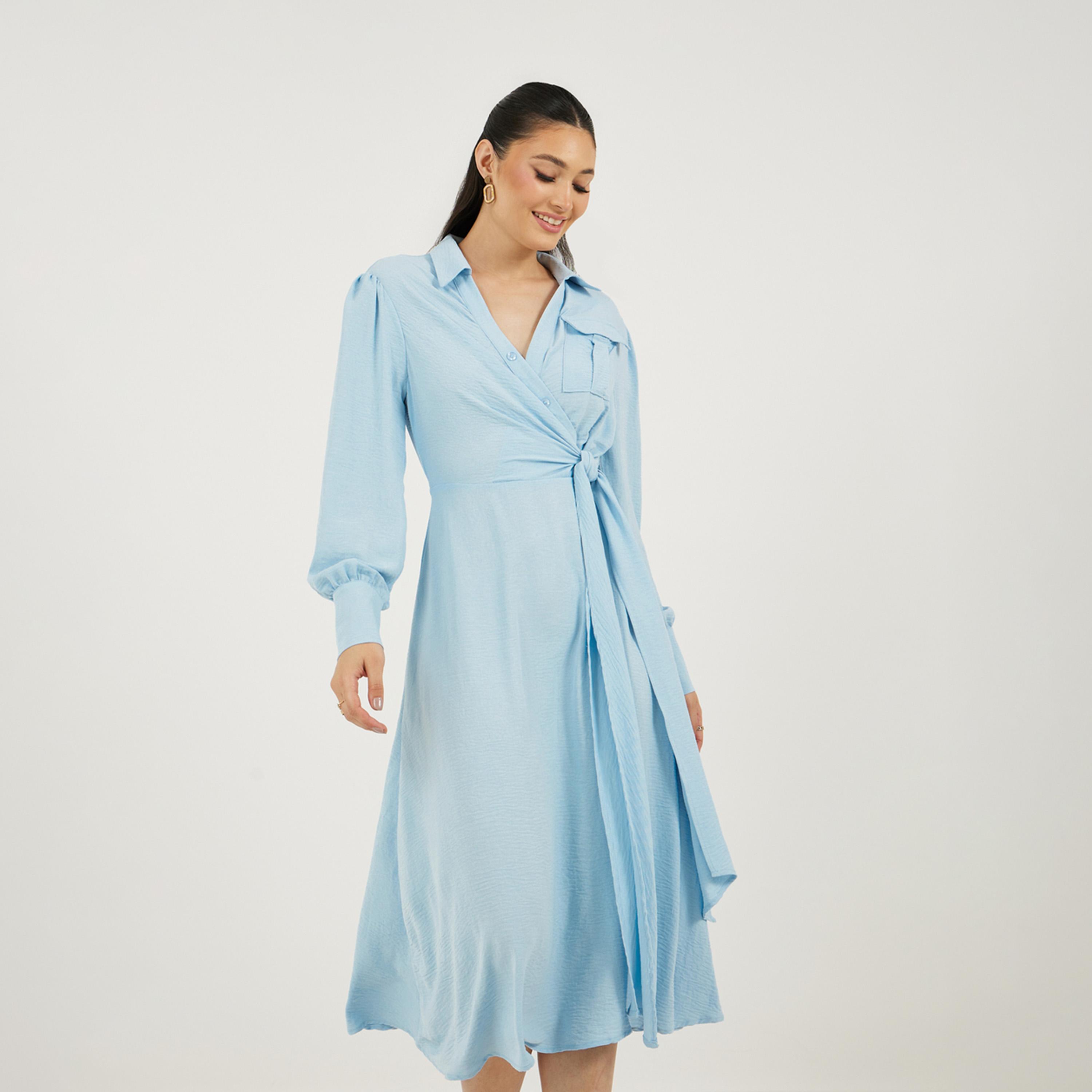 ستايلي - فستان متوسط الطول بتصميم ملفوف من الأمام مع حزام للربط-women-clothing-dresses-image-4