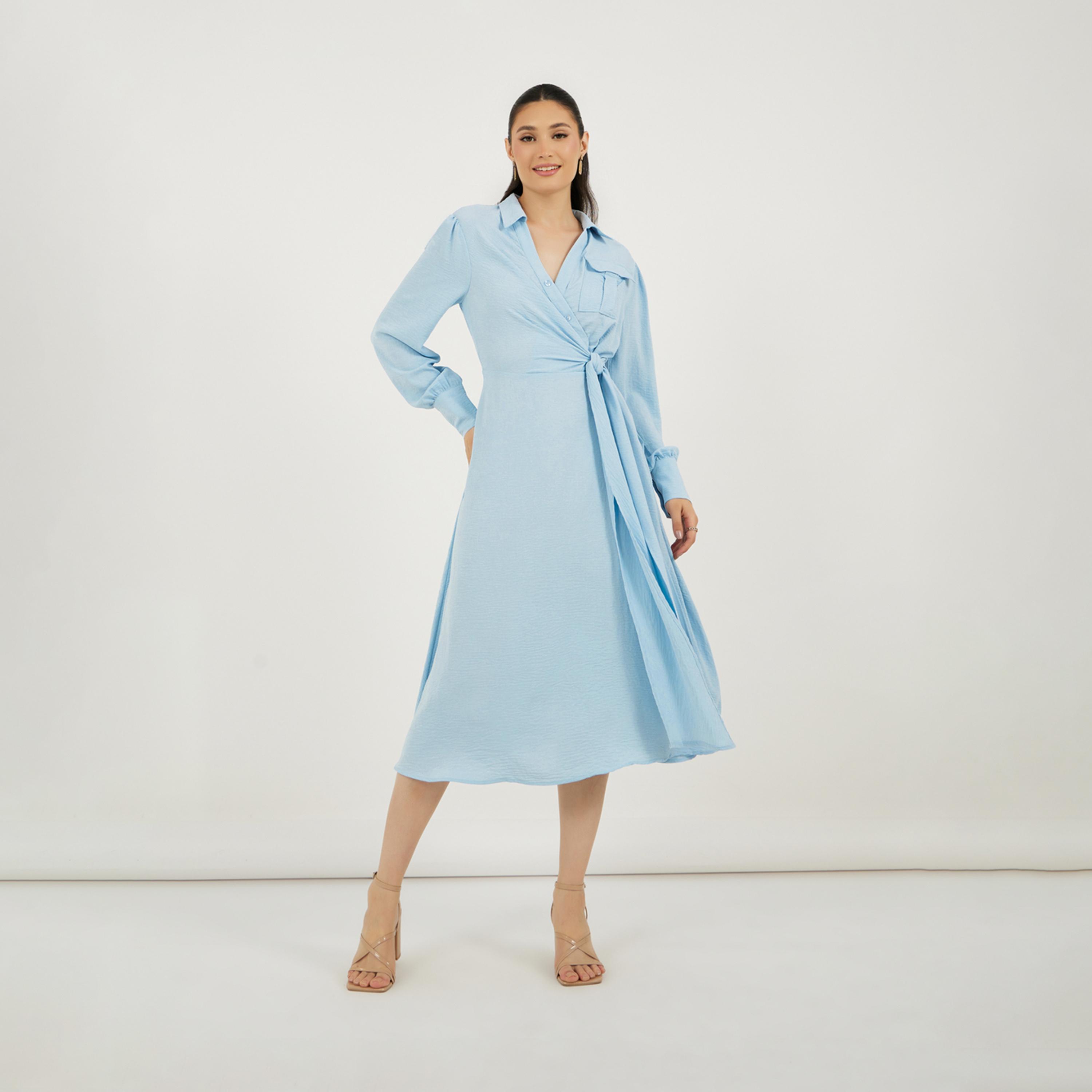 ستايلي - فستان متوسط الطول بتصميم ملفوف من الأمام مع حزام للربط-women-clothing-dresses-image-5